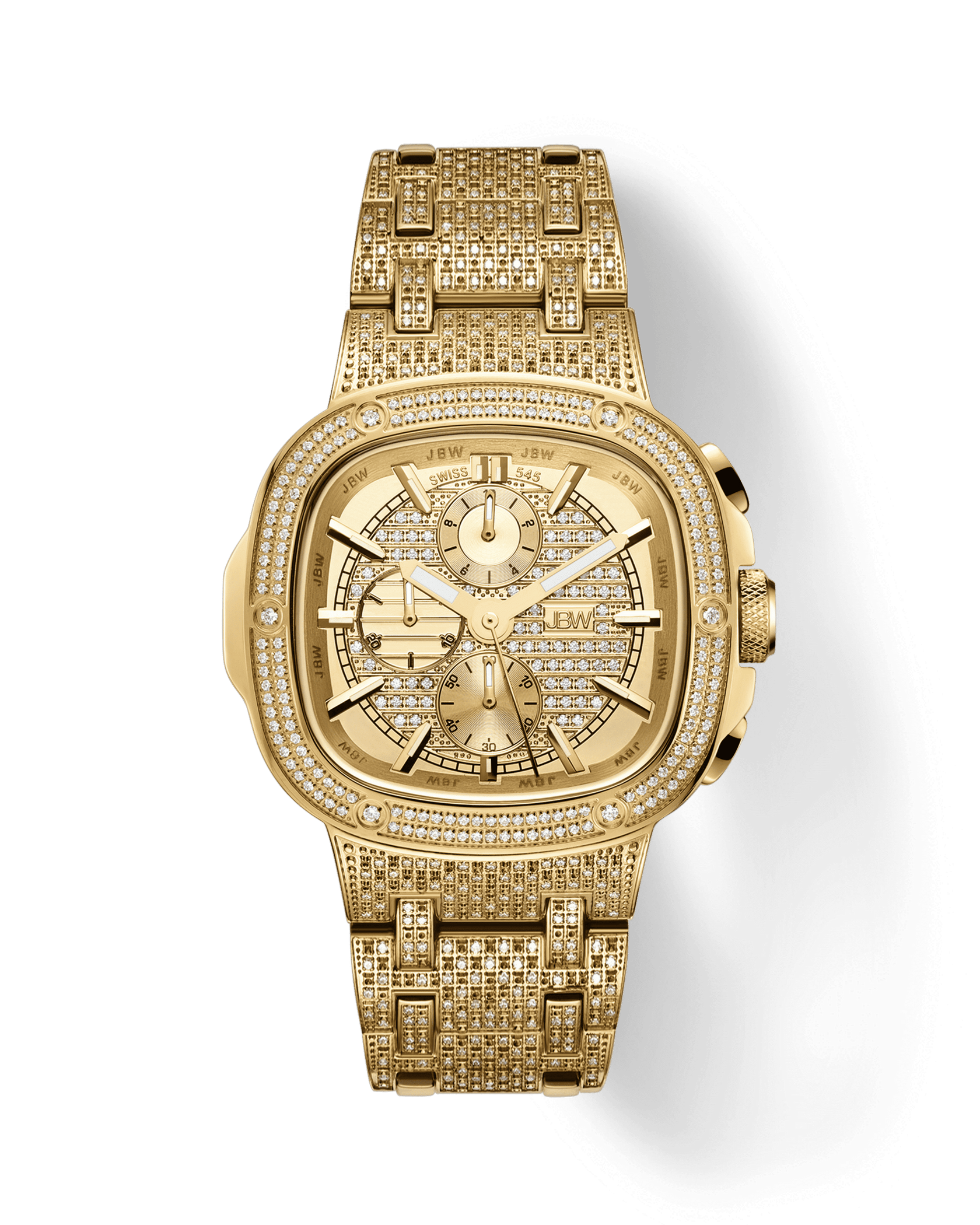 The JBW Watches Heist PS | PS545A is a gold-plated stainless steel chronograph with a square bezel, diamond accents on the face, bezel, and band, plus three subdials and a date window.