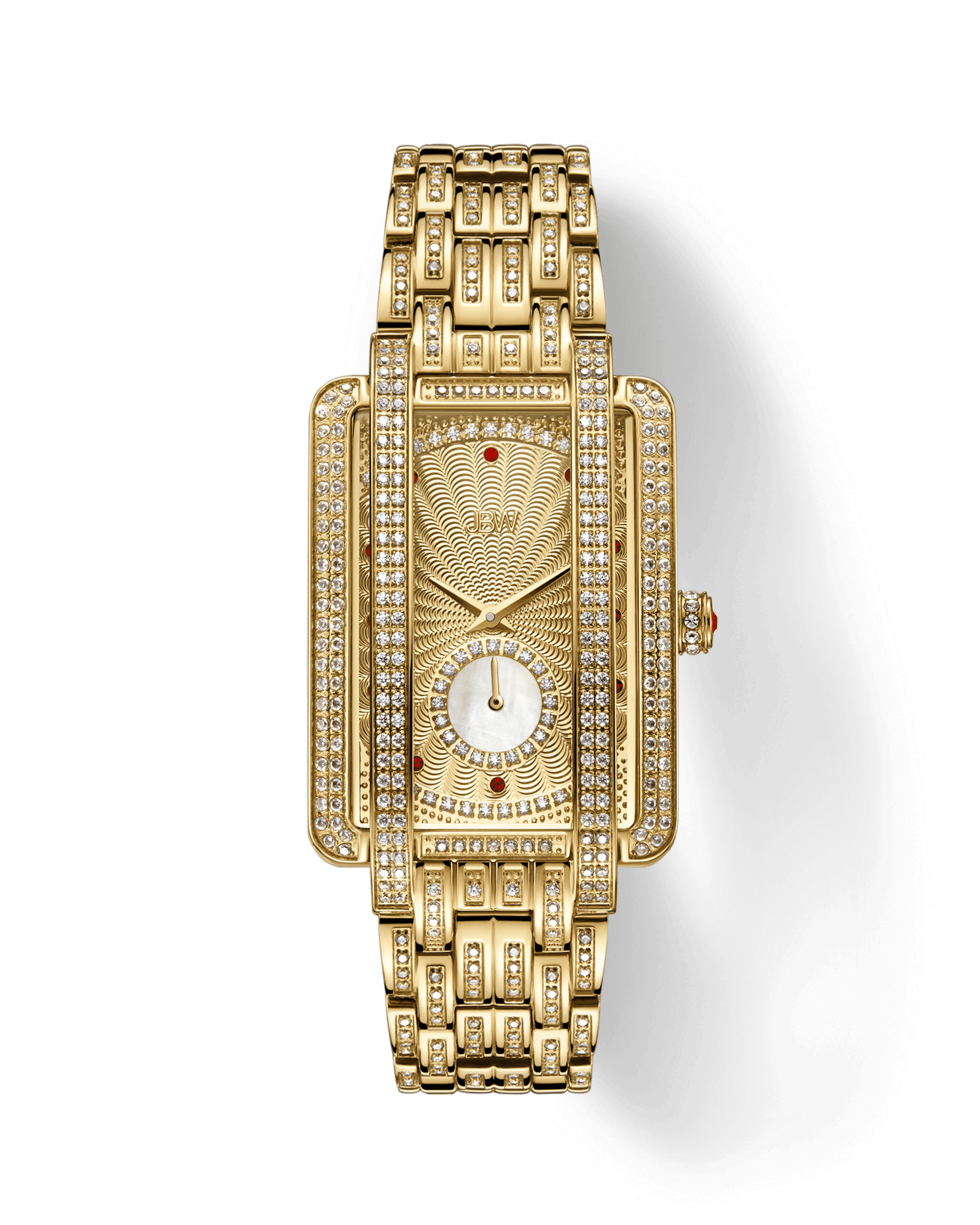 The JBW Watches Mink PS | PS505A is an 18K gold-plated rectangular wristwatch with diamond accents, detailed band and bezel, and a small circular subdial at the bottom.