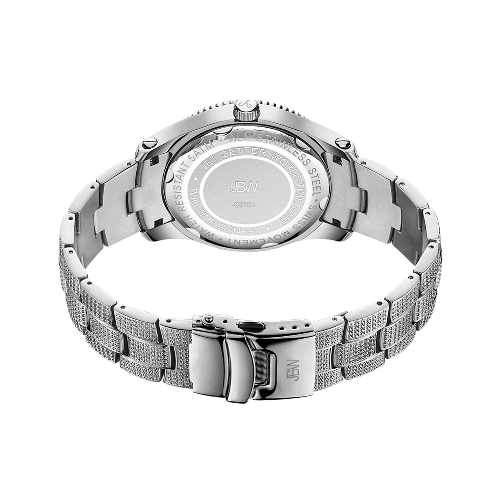 The JBW Jet Setter GMT | J6370B is shown from the back, displaying the engraved case and clasp with JBW branding. Its polished, textured stainless steel bracelet offers a refined dual time zone style.