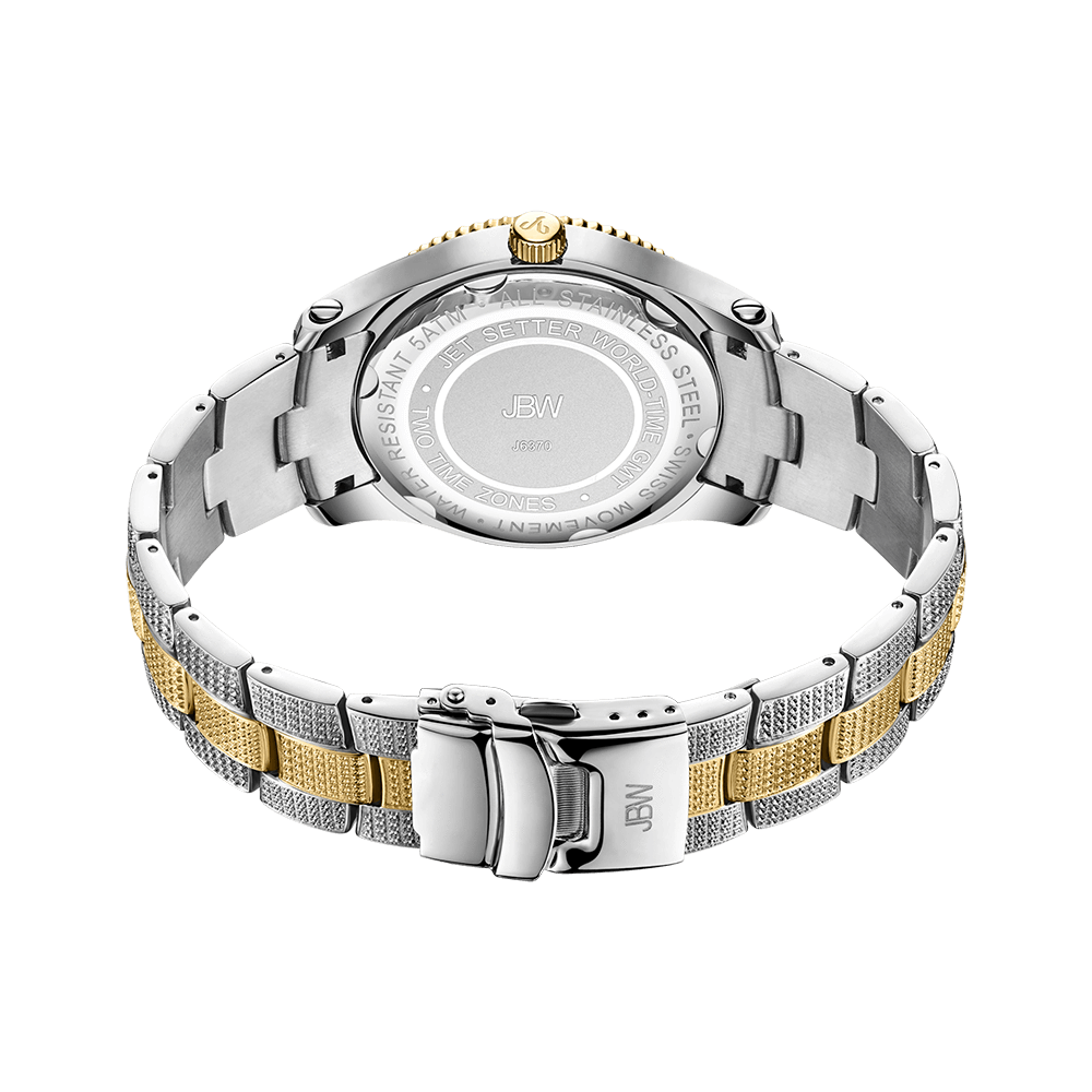 A close-up of the back of the JBW Jet Setter GMT | J6370D diamond watch shows its two-tone gold-plated stainless steel link band, clasp, and engraved case markings, including the JBW initials.