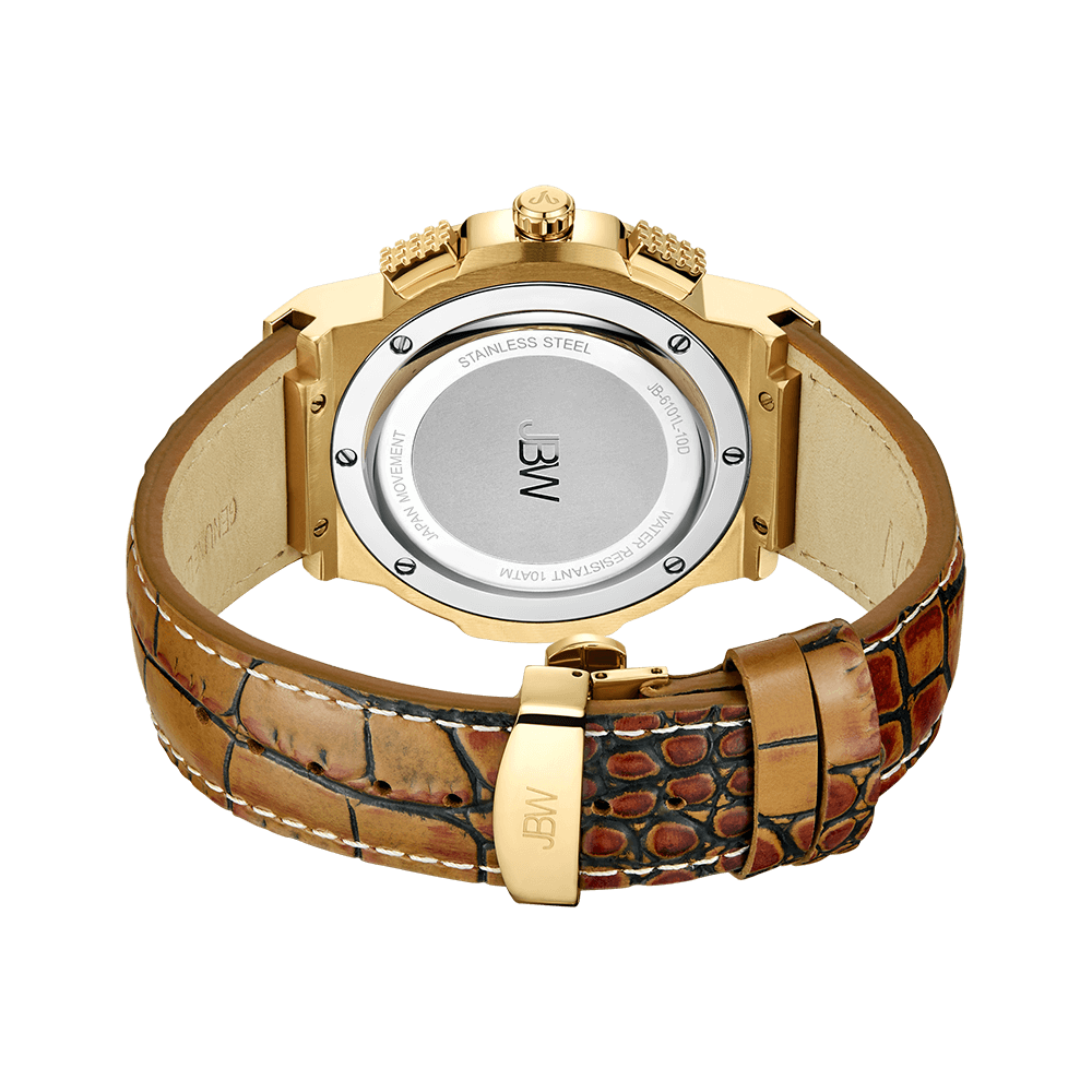 The JBW Watches Saxon 10 YR (JB-6101L-10D) features a gold-tone case, Japanese movement, and a brown crocodile-pattern genuine leather strap, with the stainless steel case and engraved JBW logo on the clasp and case back.