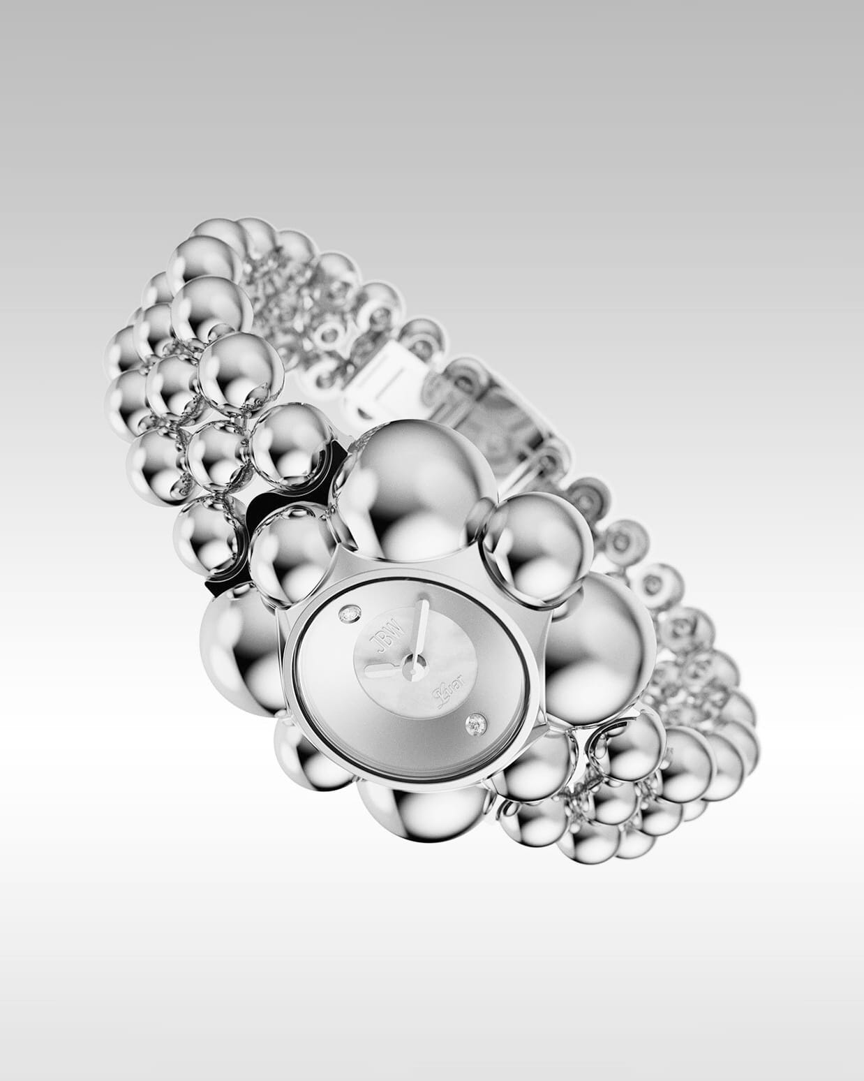 The JBW x Luar – Atmosphere | J6405B by JBW Watches features a silver bracelet of polished metal spheres and a round mother of pearl dial, embodying modern spherical jewelry design against a gray gradient backdrop.