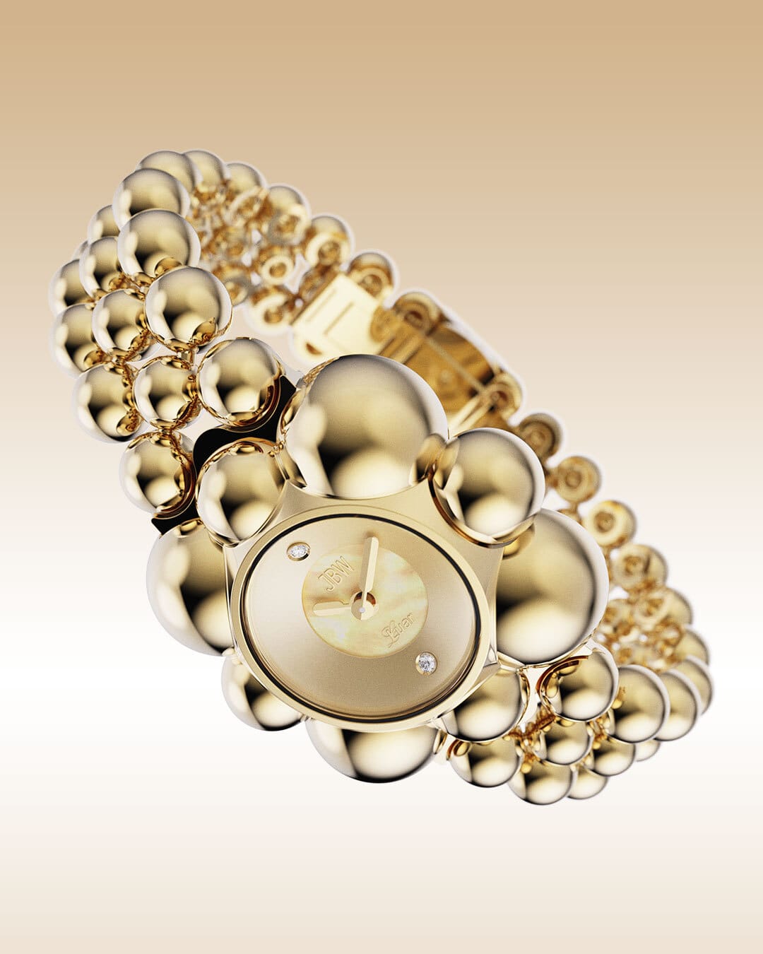 The JBW x Luar – Atmosphere | J6405A by JBW Watches is an 18k gold-plated watch with a round face and a distinctive bracelet of linked gold spheres, showcased on a gradient beige background.