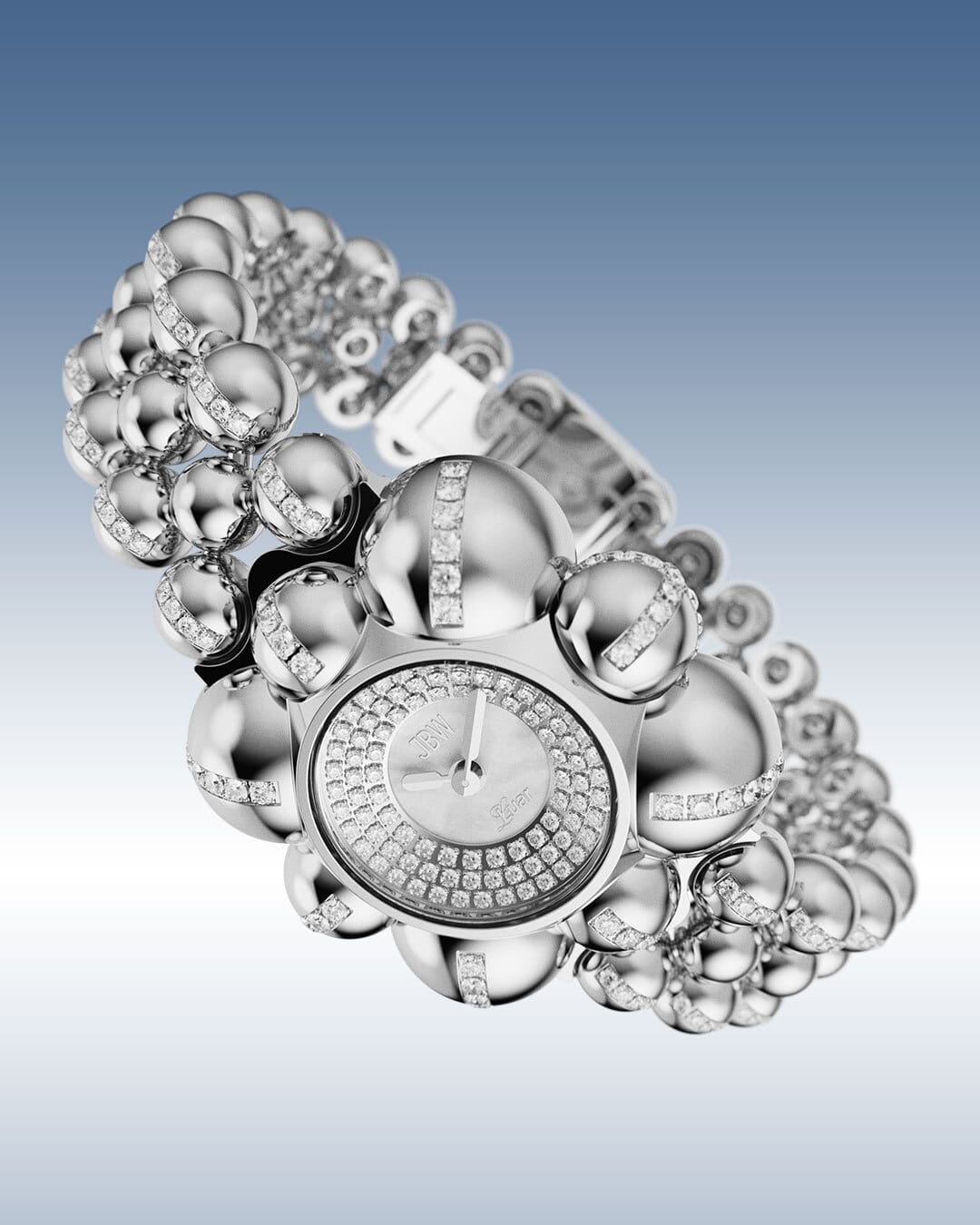 The JBW x Luar – Atmosphere | J6406B by JBW Watches is a luxury silver wristwatch with a round, diamond-studded face and bracelet, featuring bold silver and diamond-set beads, displayed on a gradient blue to white background.