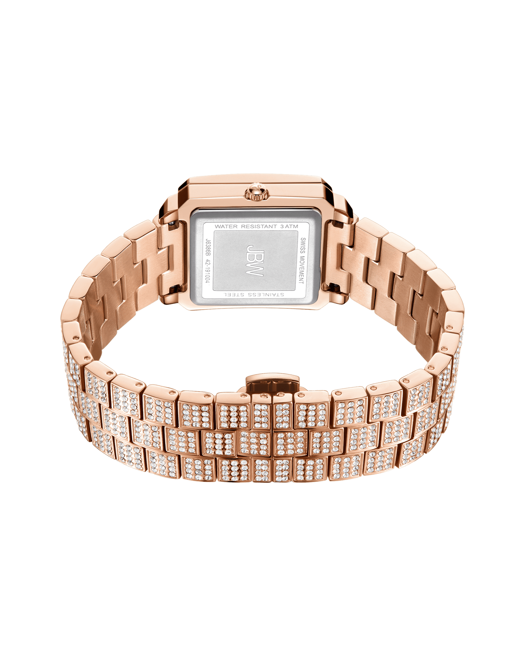 A rose gold JBW Cristal 28 | J6386B watch with a rectangular face, shown from the back. The metal band features sparkling stones, and the case back displays water resistance, Swiss movement, and JBW engraving.