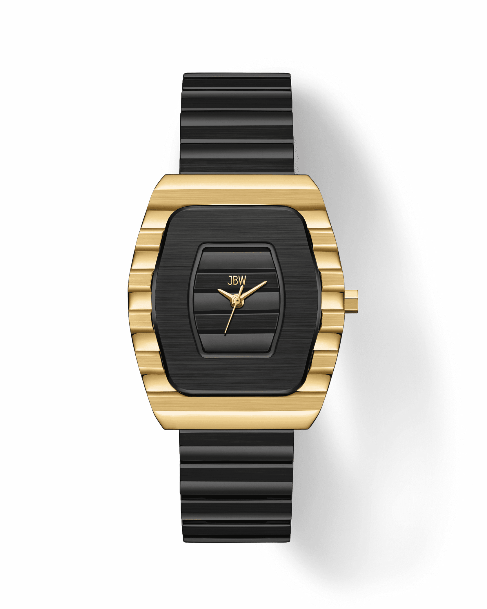 The Atlas | J6403F by JBW Watches is a modern 34mm stainless steel timepiece with a black face, gold geometric bezel, gold hands, black rectangular links, and signature JBW branding at the center.