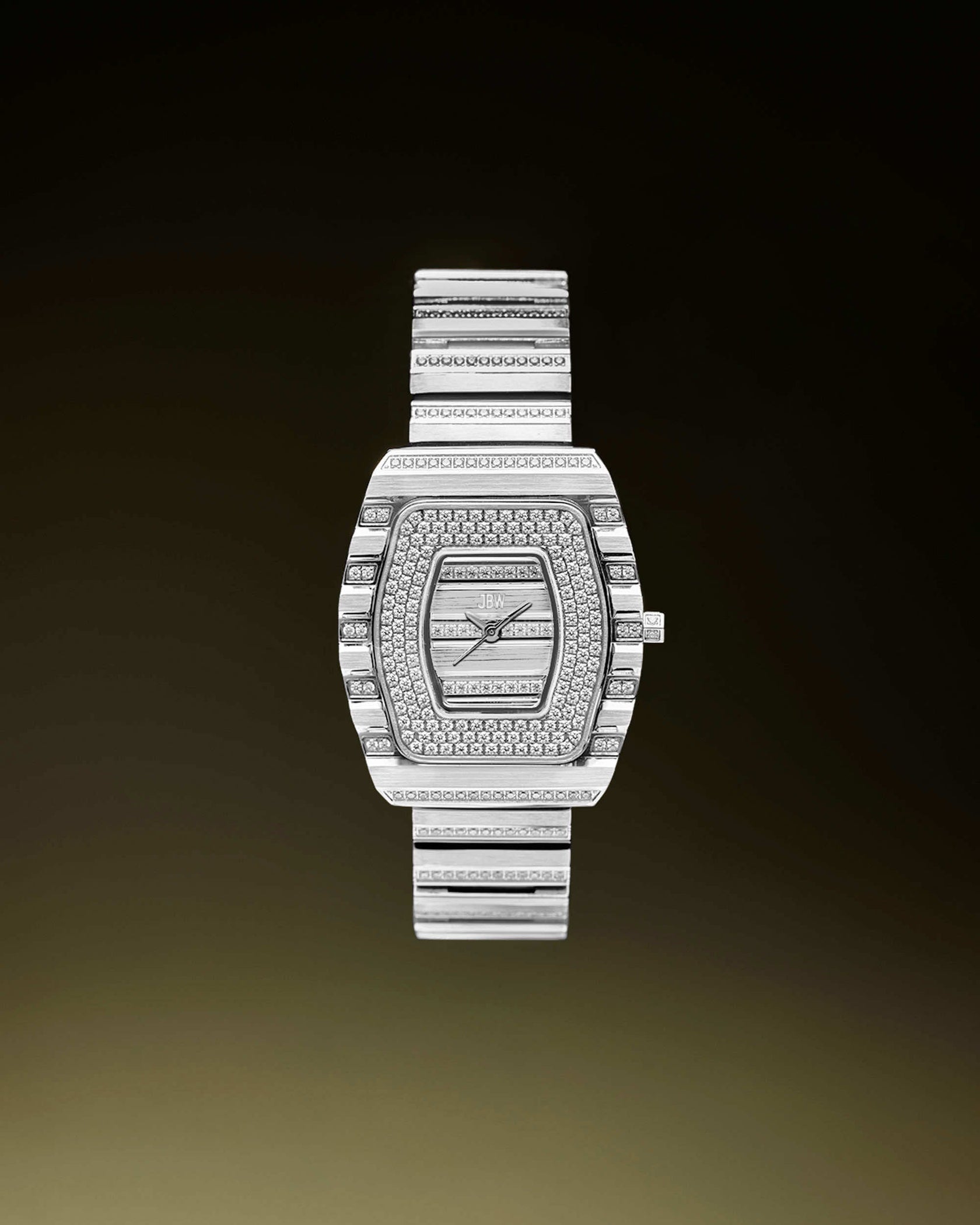 The JBW Watches Atlas | J6404B is a luxury stainless steel watch featuring a rectangular face, crystal-studded bezel and band, all showcased against a gradient dark backdrop.