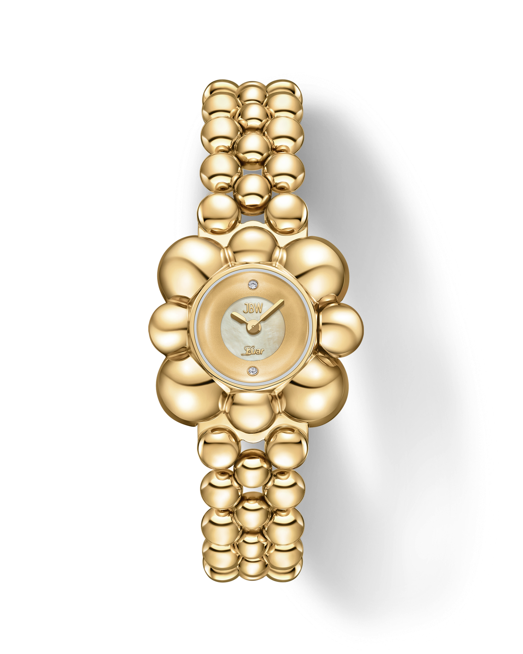 The JBW x Luar – Atmosphere | J6405A by JBW Watches is a limited-edition 18k gold-plated watch with a bubble-like bezel and band, a minimalist gold dial, and three diamond accents.