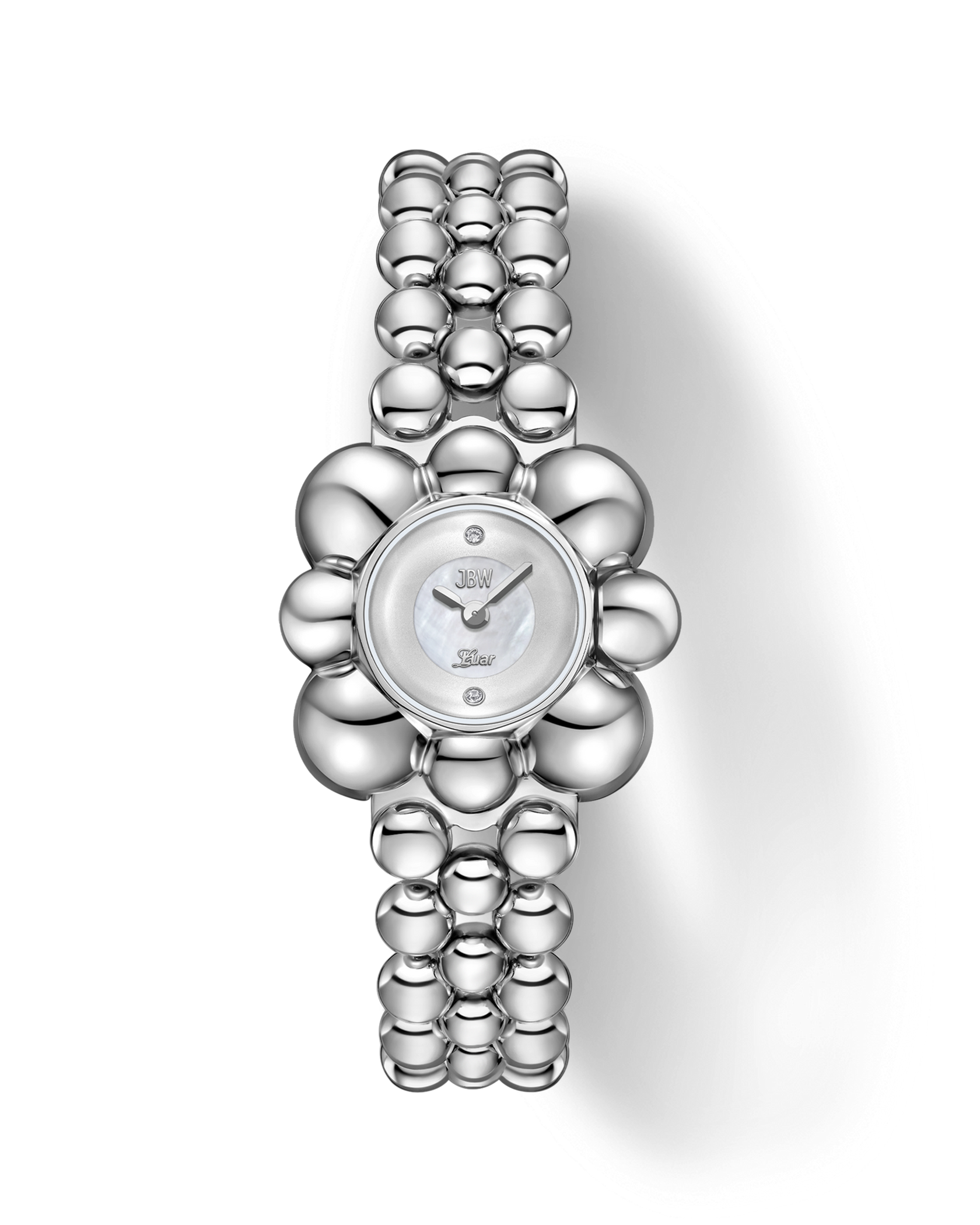 The JBW x Luar – Atmosphere | J6405B by JBW Watches features a silver wristwatch with a round mother of pearl dial, flower-shaped bezel, and shiny bead-like links, displayed against a plain white background.