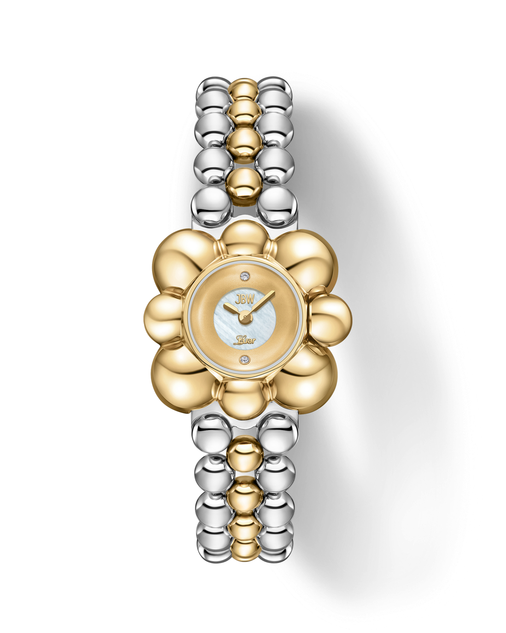 The JBW x Luar – Atmosphere (Sample Sale) | J6405C-SC by JBW Watches features a stainless steel, gold and silver two-tone band, flower-shaped bezel, round face, and a mother of pearl dial with gold hands in an elegant limited-edition style.