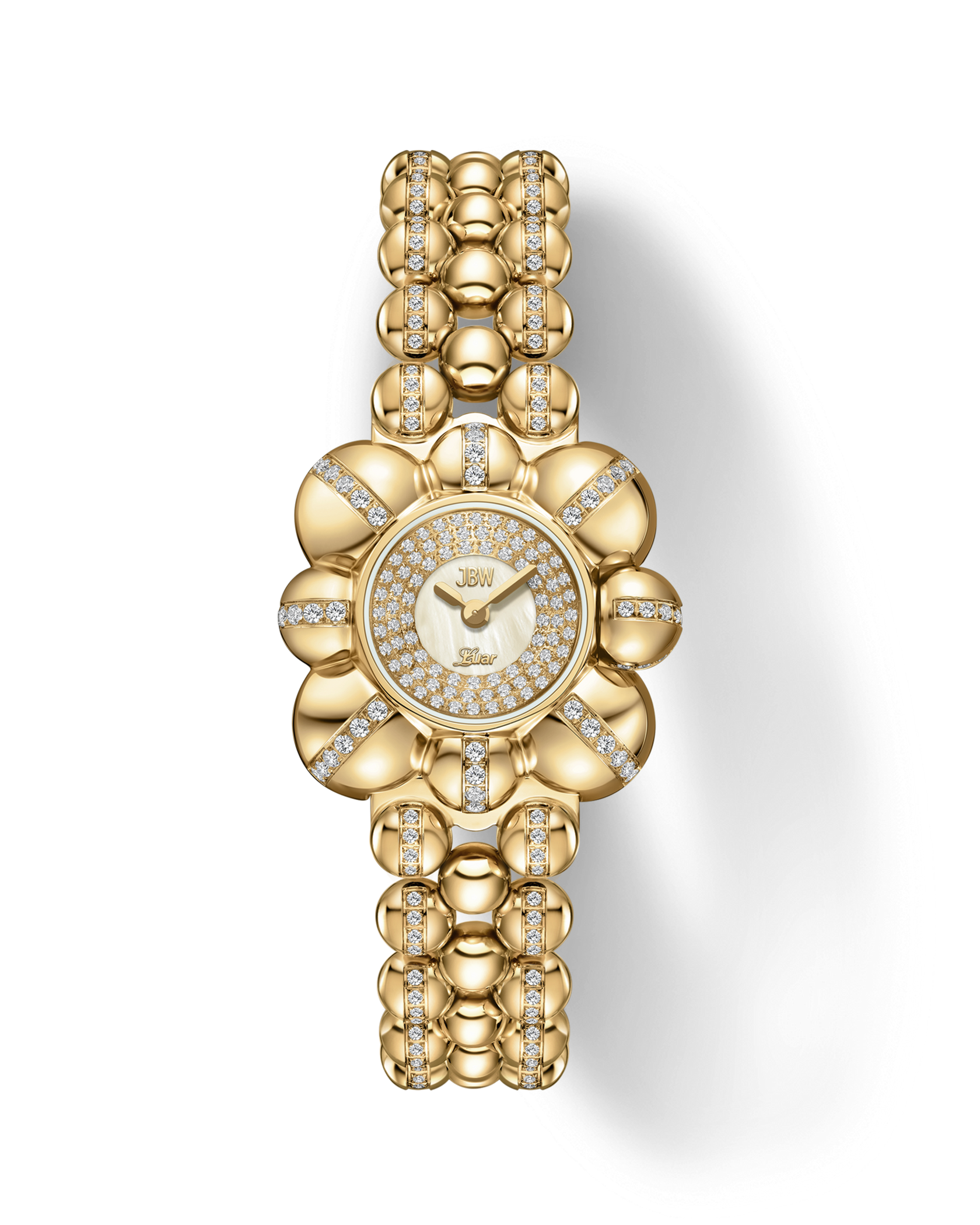 The JBW x Luar – Atmosphere (Sample Sale) | J6406A-SC by JBW Watches is an 18k gold-plated limited edition watch featuring a floral-shaped bezel, diamond accents on its face, bezel, and band, and a white mother of pearl dial with the JBW logo.