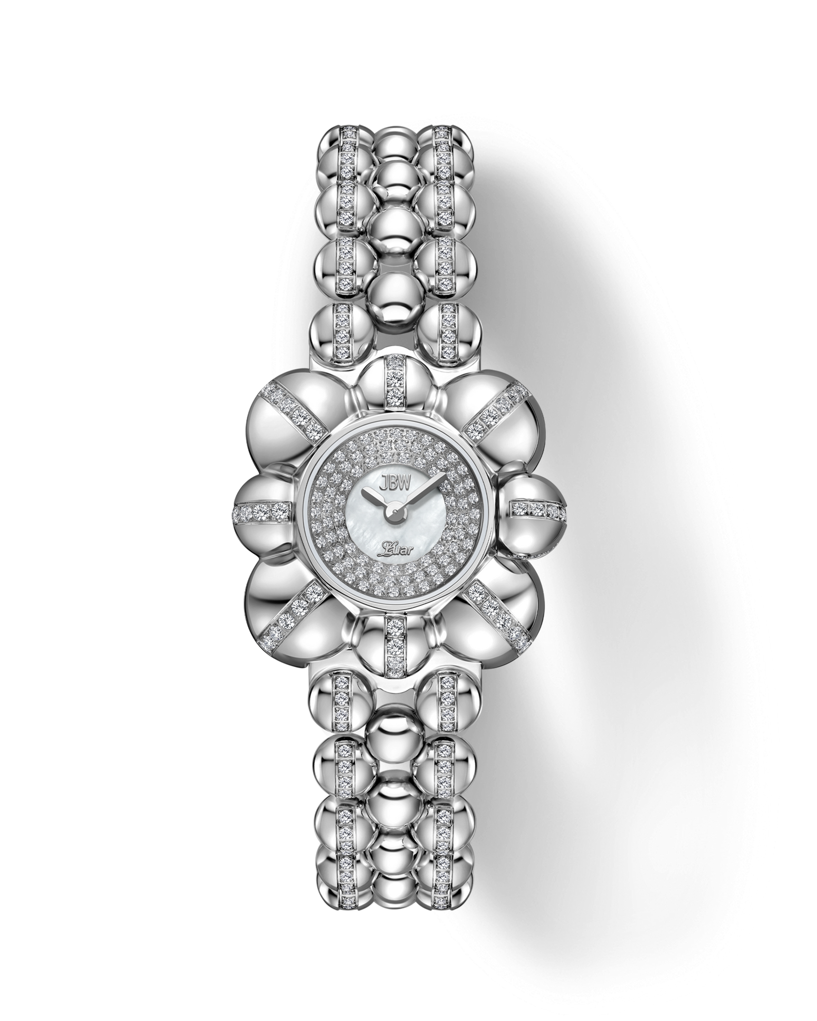 The JBW x Luar – Atmosphere | J6406B by JBW Watches features a luxurious silver, floral-inspired spherical design with diamond accents on the round face, bezel, and bracelet, set against a light gray background.