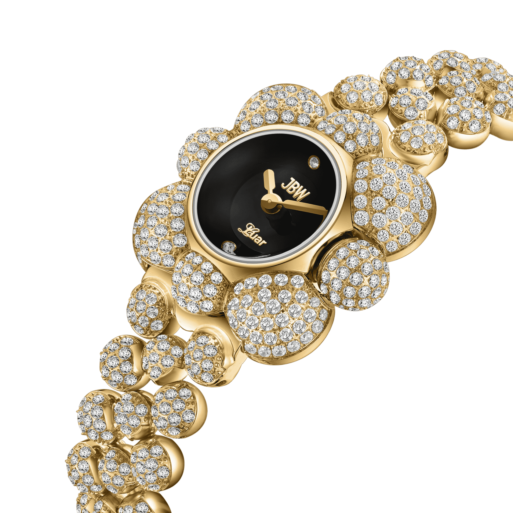 The JBW x Luar – Atmosphere Diamond | J6407A by JBW Watches features a luxurious gold design with a black oval face, gold hands, clustered gold circle bracelet, and lab-grown diamonds. "JBW" and "Cristal" appear on the watch face.