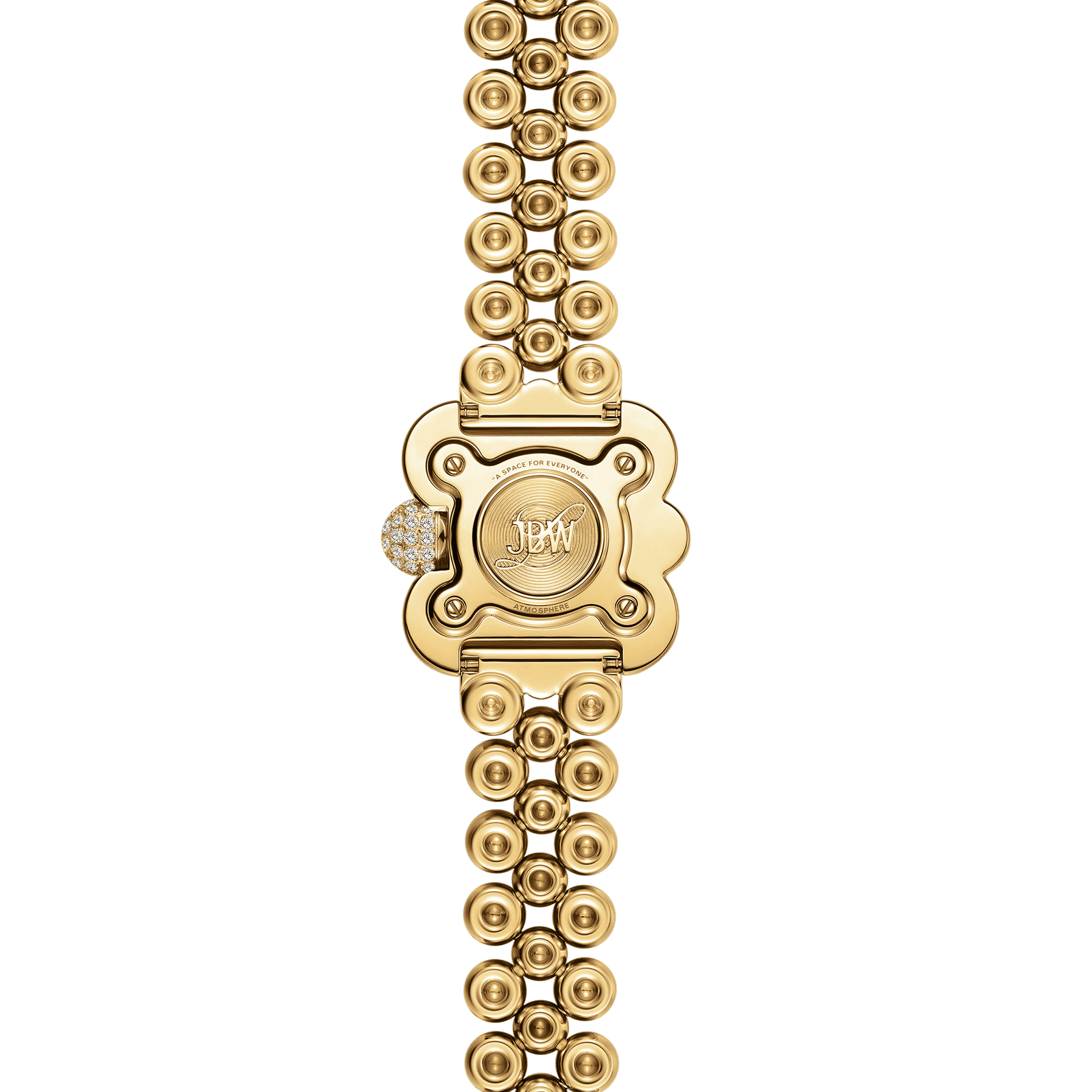 The JBW x Luar – Atmosphere Diamond | J6407A by JBW Watches features a gold decorative link bracelet, uniquely shaped case, round lab-grown diamond-studded crown, and an engraved JBW logo on the back.