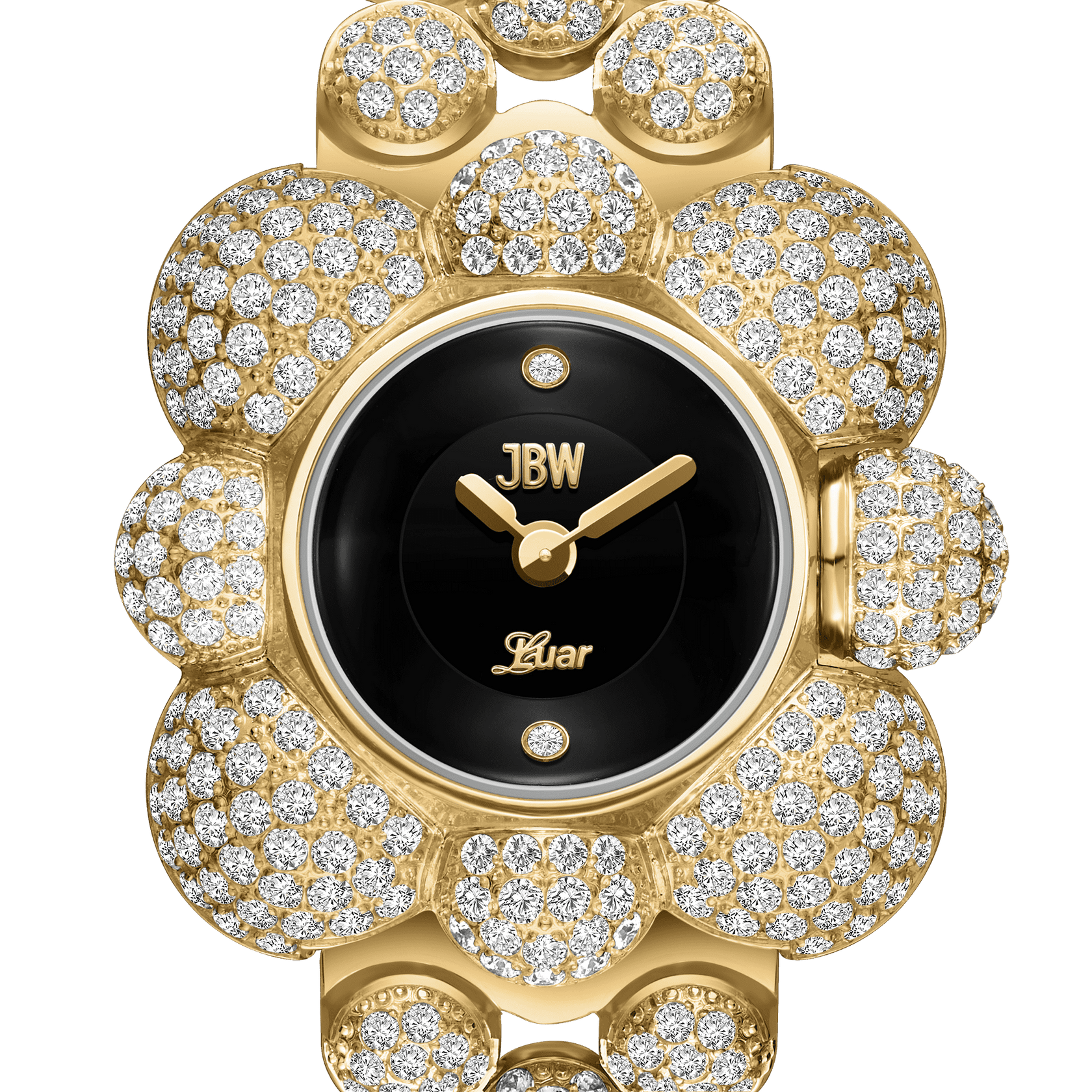 Close-up of the luxurious JBW x Luar – Atmosphere Diamond | J6407A by JBW Watches, featuring Swiss quartz movement, a black face with gold hands, and a diamond-studded floral bezel and band. "4kar" appears above the 6 o’clock mark.
