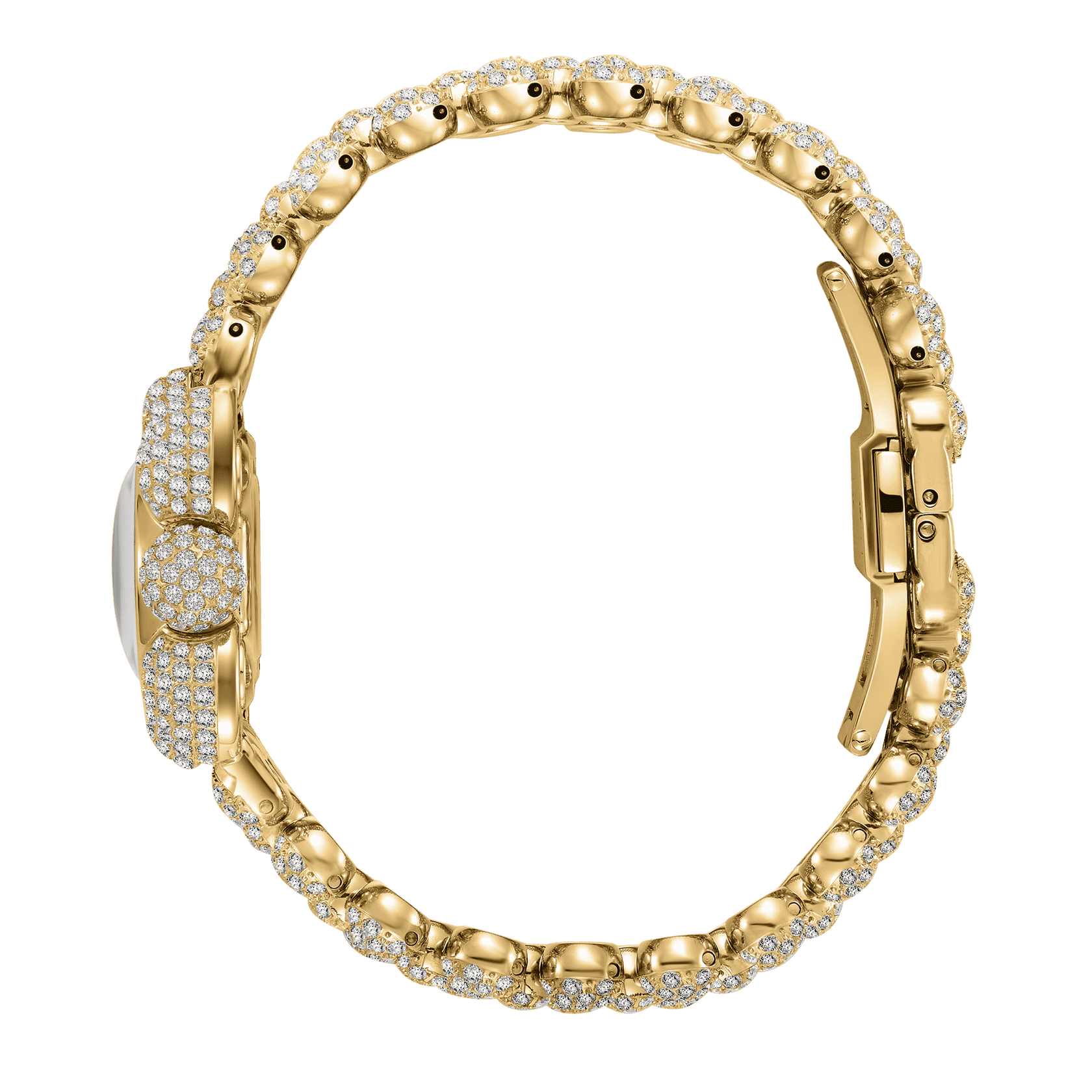 The JBW Watches JBW x Luar – Atmosphere Diamond | J6407A is a gold bracelet-style watch with numerous lab-grown diamonds on the band and face, displayed from the side on a white background. It features precise Swiss quartz movement.