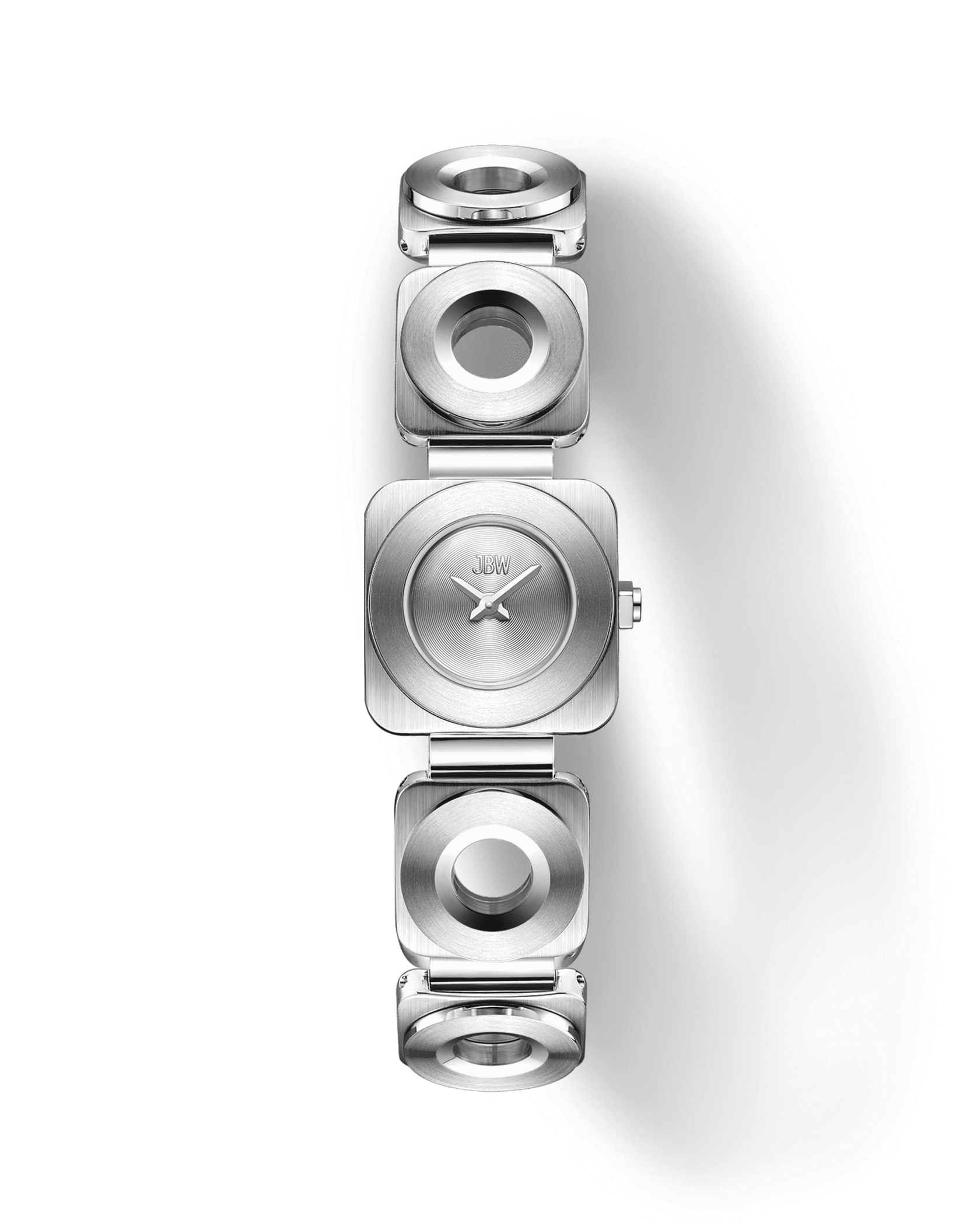 The JBW Watches Chasm (Sample Sale) | J6398B-SC is a modern stainless steel watch with a square face, no hour markers, and a geometric open-link band—minimalist jewelry-inspired design on a white background.