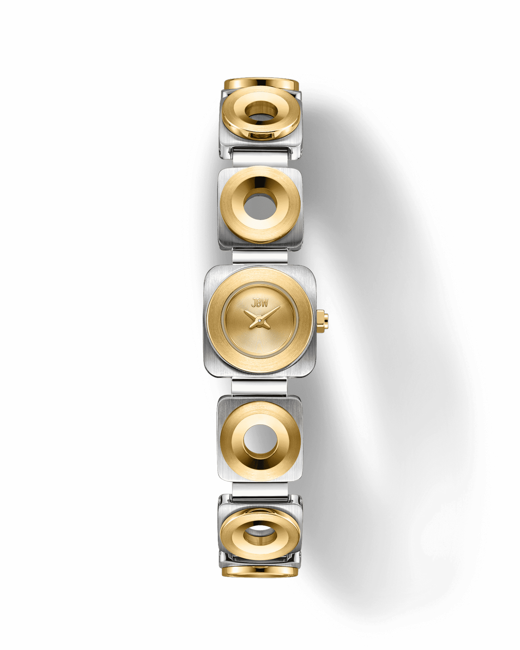 The Chasm Petite (Sample Sale) | J6400C-SC by JBW Watches is a stylish two-tone stainless steel watch with a round gold face and alternating silver and gold circular-link bracelet, shown on a light gray background.