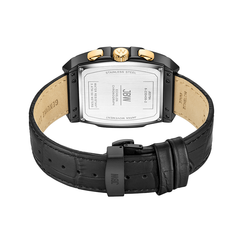 The JBW Echelon | J6379A is a black leather watch featuring a tonneau case, stainless steel back with engraved branding, gold and black accents, and a textured strap stamped GENUINE and JAPAN for authenticity.