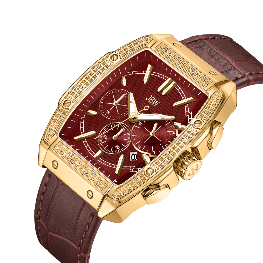 The JBW Echelon | J6379B is a gold-plated rectangular wristwatch with a merlot red face, three subdials, diamond accents, and a brown leather strap, displayed angled on a white background.