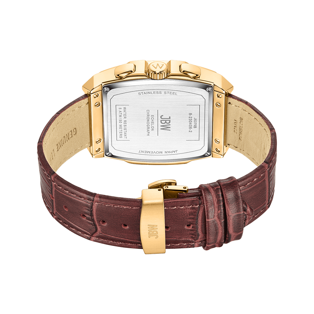 A gold and silver JBW Echelon | J6379B square gold-plated watch with a brown leather strap, shown from the back, features an engraved stainless steel case and a gold buckle engraved with JOBS.