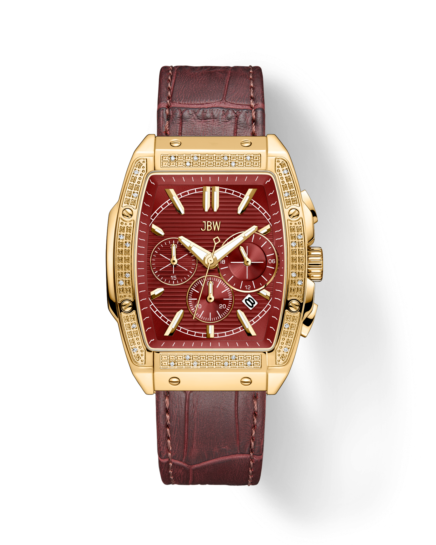 The JBW Echelon | J6379B is a gold-plated watch with a rectangular, diamond-studded bezel, merlot dial with multiple subdials, and a matching burgundy leather strap.