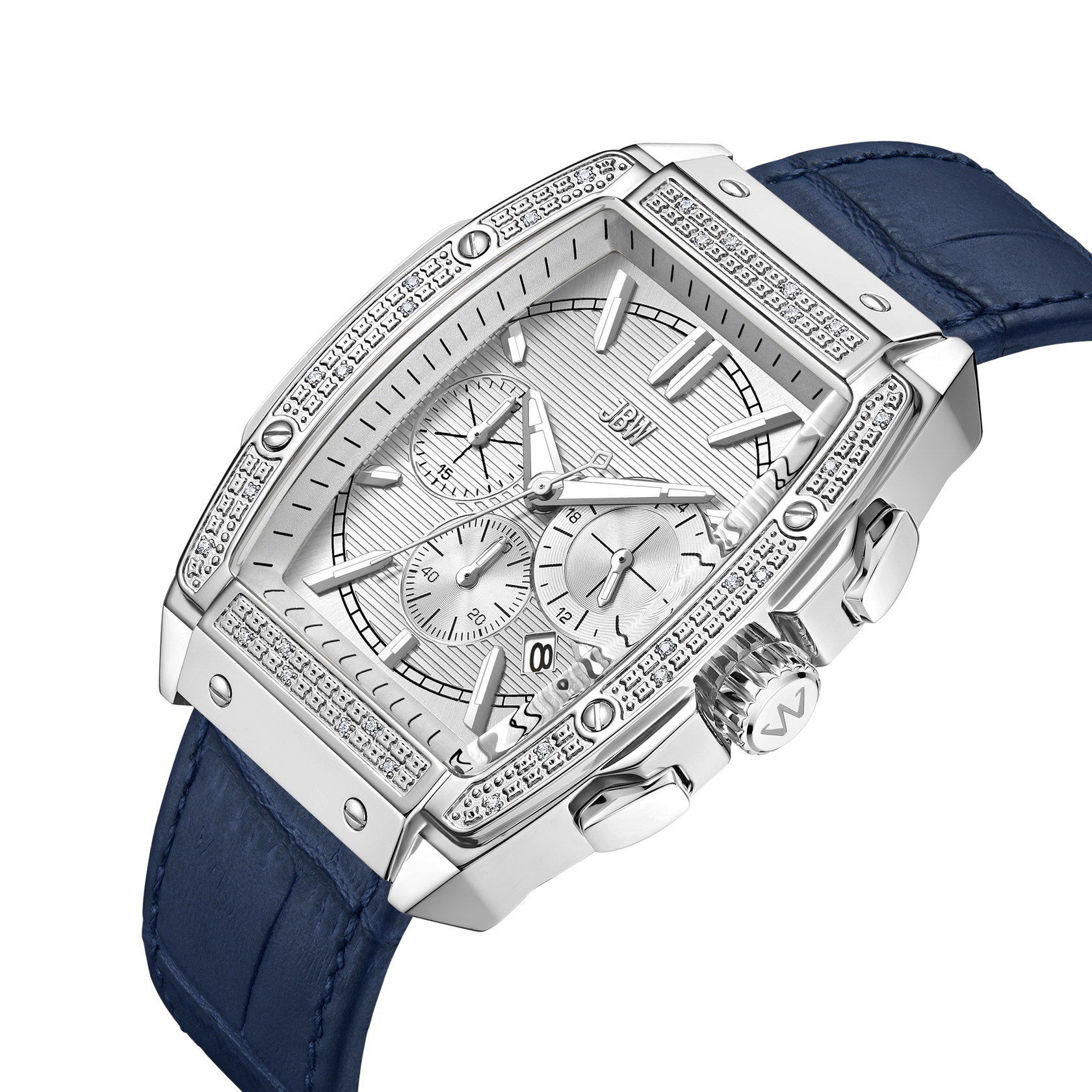 The JBW Echelon | J6379C is a luxury diamond chronograph featuring a rectangular stainless steel case, diamond-studded bezel, blue leather band, three subdials, and a date window on an elegant white background.