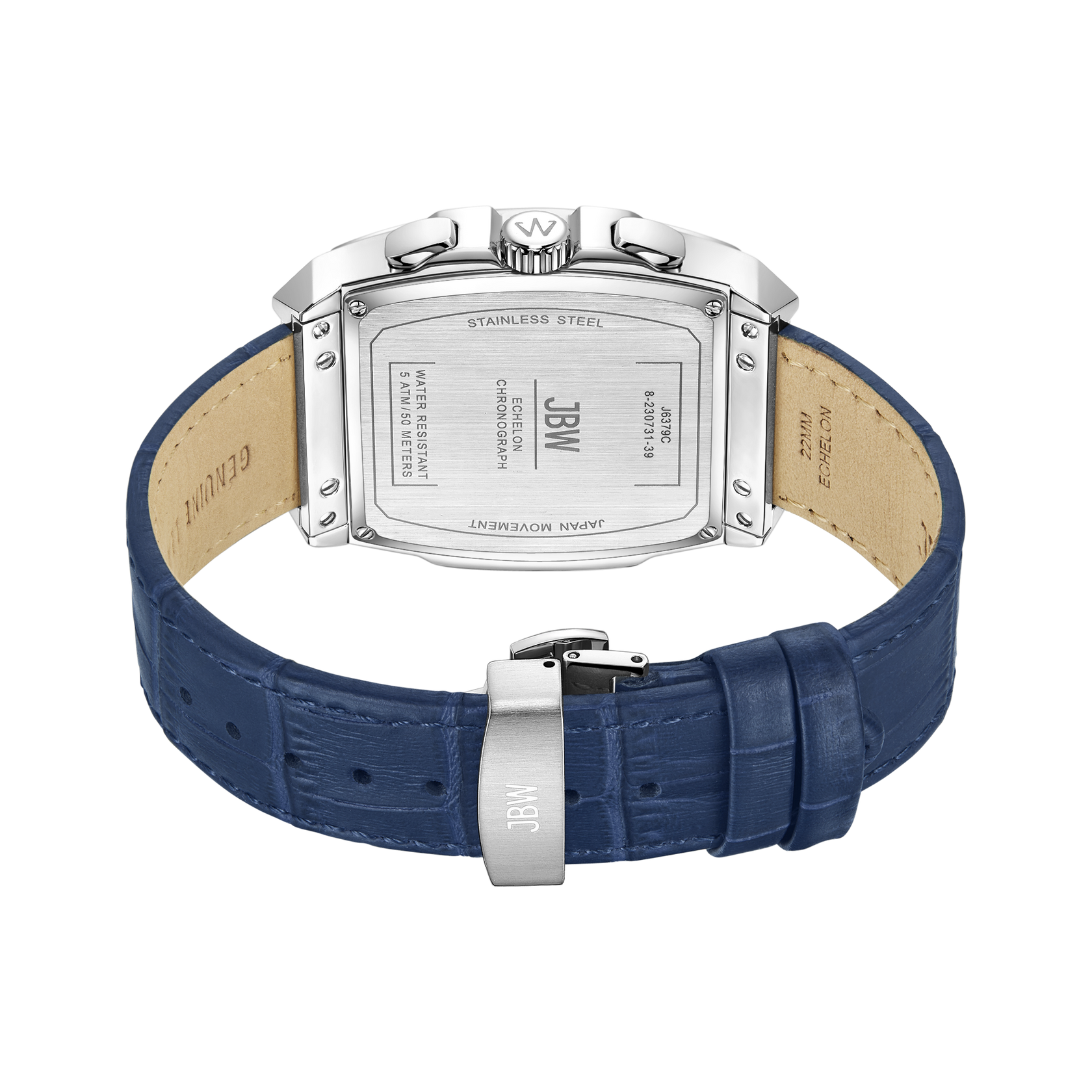 The JBW Echelon | J6379C wristwatch features a rectangular stainless steel case back with detailed engravings and a blue leather band, shown from the rear to highlight the clasp.