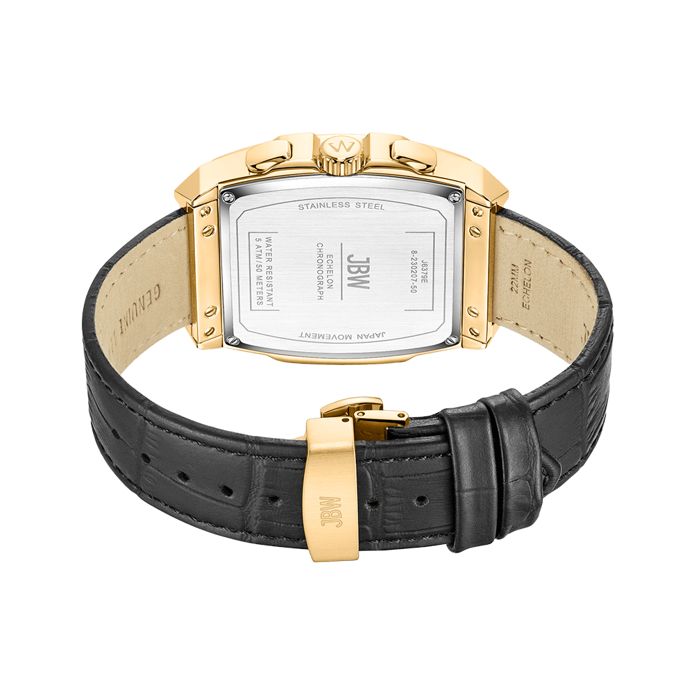The JBW Echelon | J6379E gold-plated stainless steel watch features a rectangular case and embossed leather band. Shown from the back, inscriptions such as STAINLESS STEEL and JAPAN MOVEMENT are visible on the metal case back.