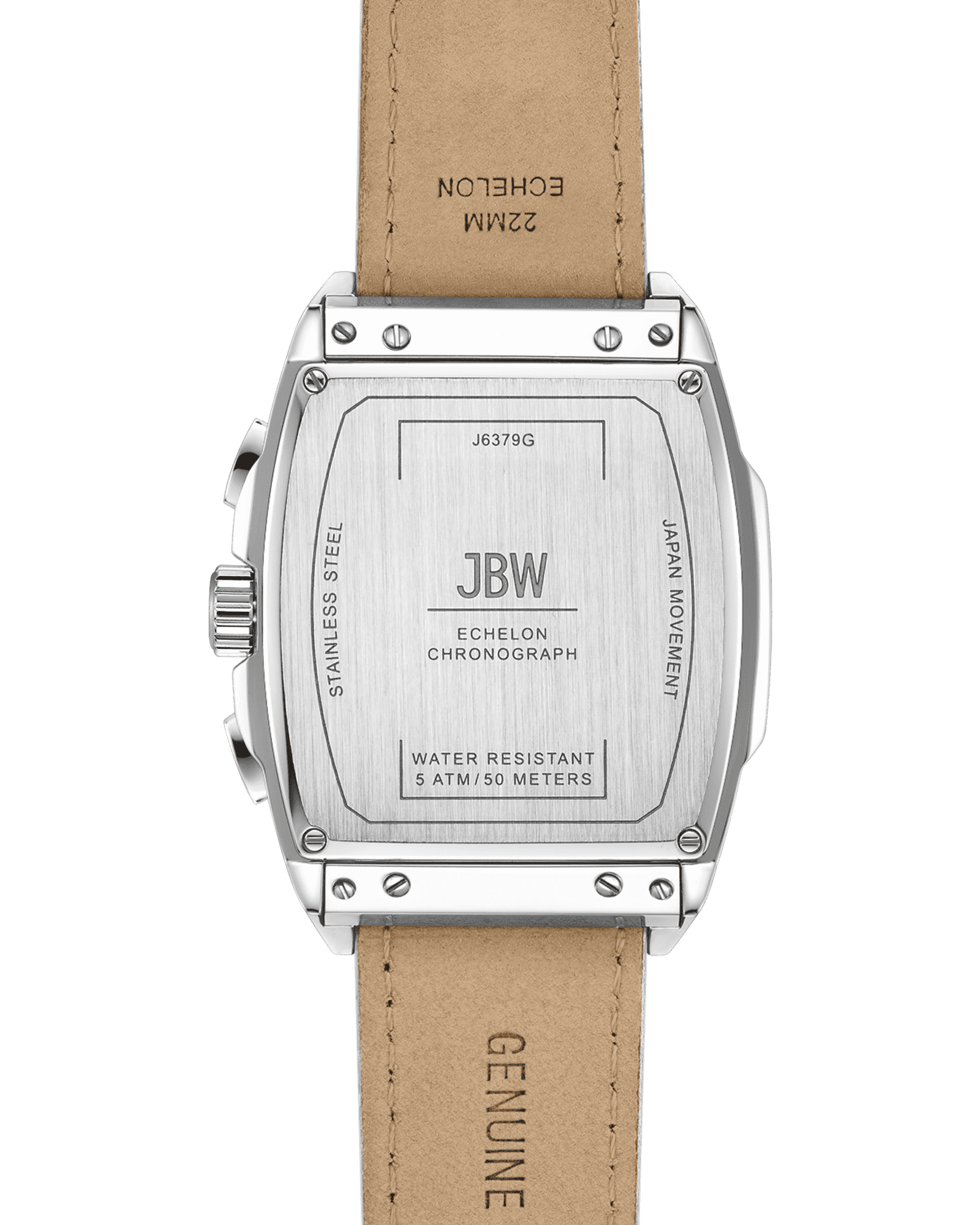 Back view of the JBW Watches Echelon | J6379G watch, featuring a stainless steel case, engraved chronograph movement details, 5 ATM/50m water resistance, Japan movement, and a tan genuine leather strap.