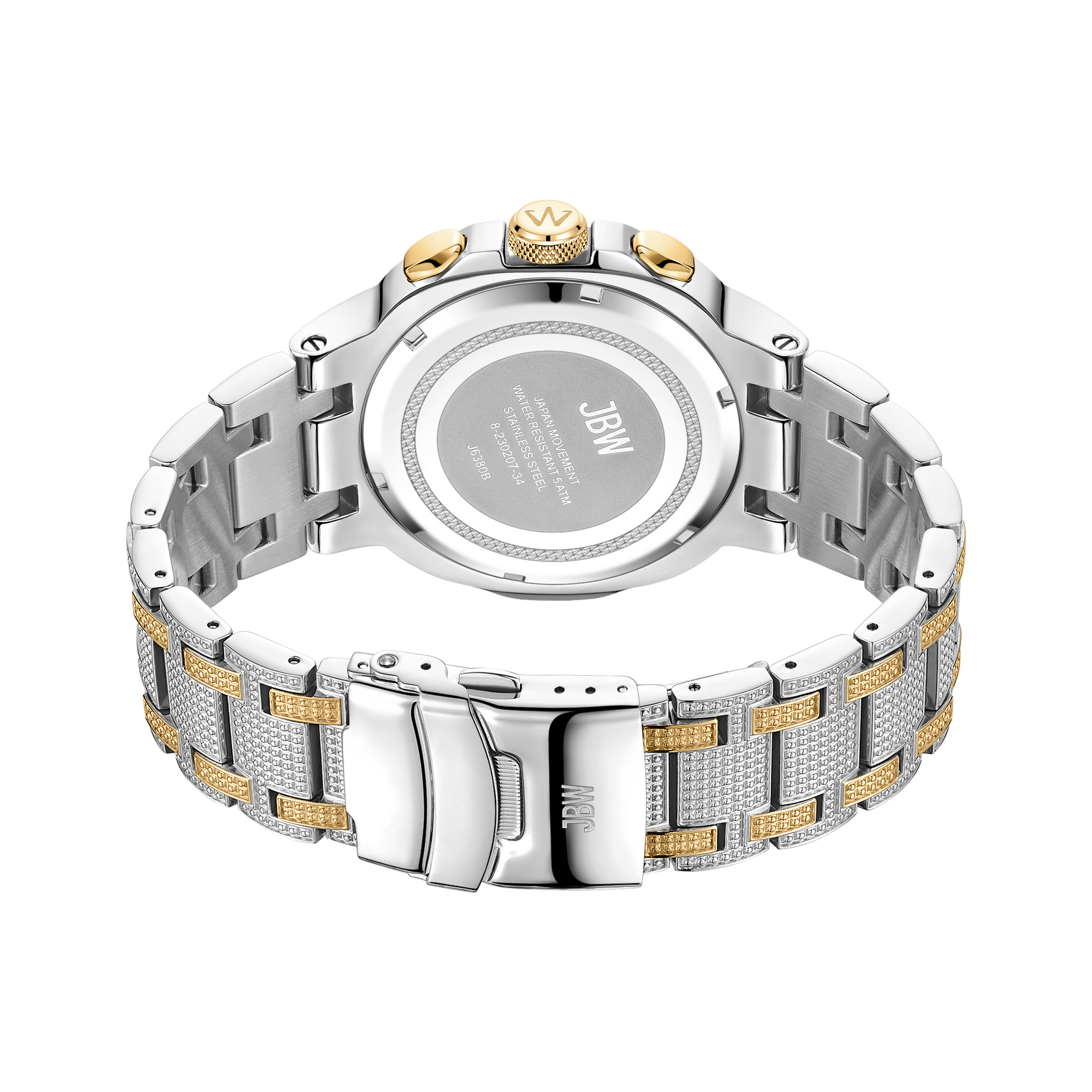 The Heist | J6380B by JBW is a women’s luxury watch with a gold-plated stainless steel and silver band, engraved JBW clasp, and an engraved case back displaying the brand name and specifications.