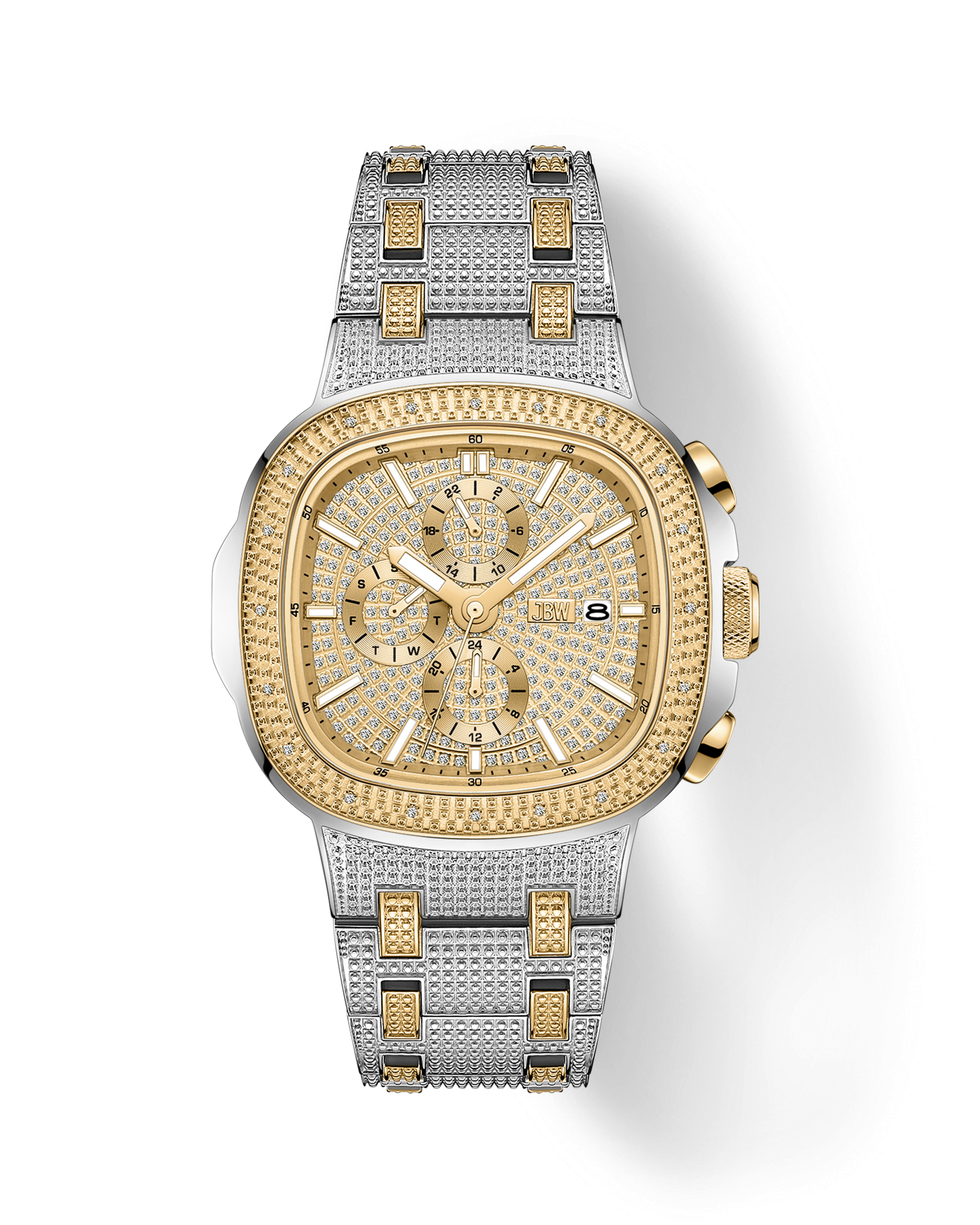 The JBW Heist | J6380B is a luxury men’s watch with a gold-plated stainless steel band, detailed patterned dial, gold accents, three subdials, day-date display, and a textured bezel for refined style.