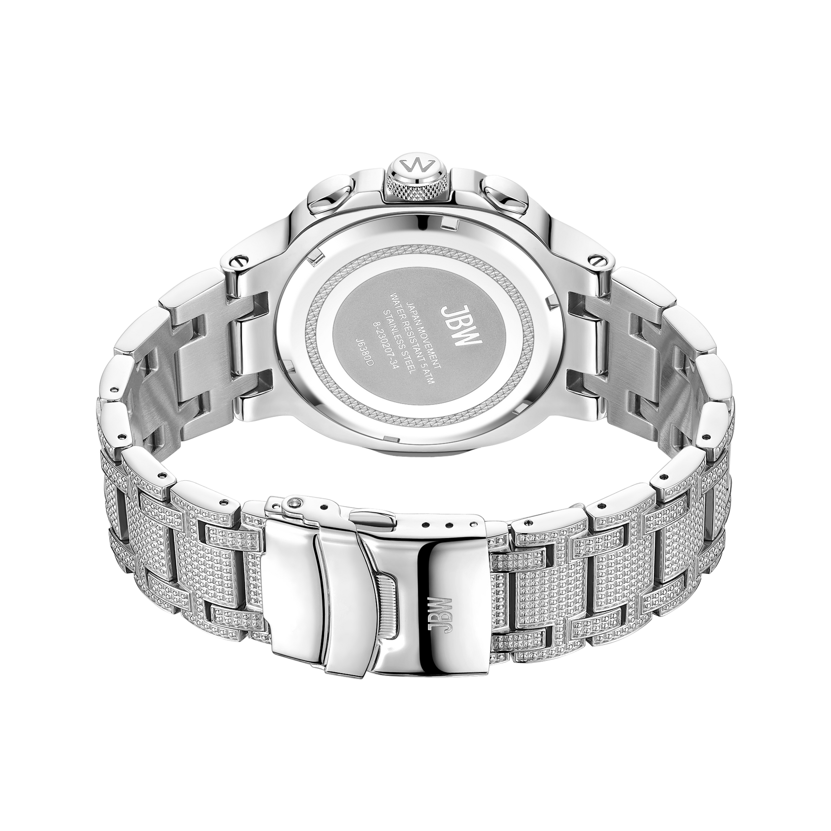 The back view of the JBW Heist | J6380D reveals its stainless steel bracelet with embedded crystals, an engraved case back featuring brand details, and an open clasp displaying the JBW logo.