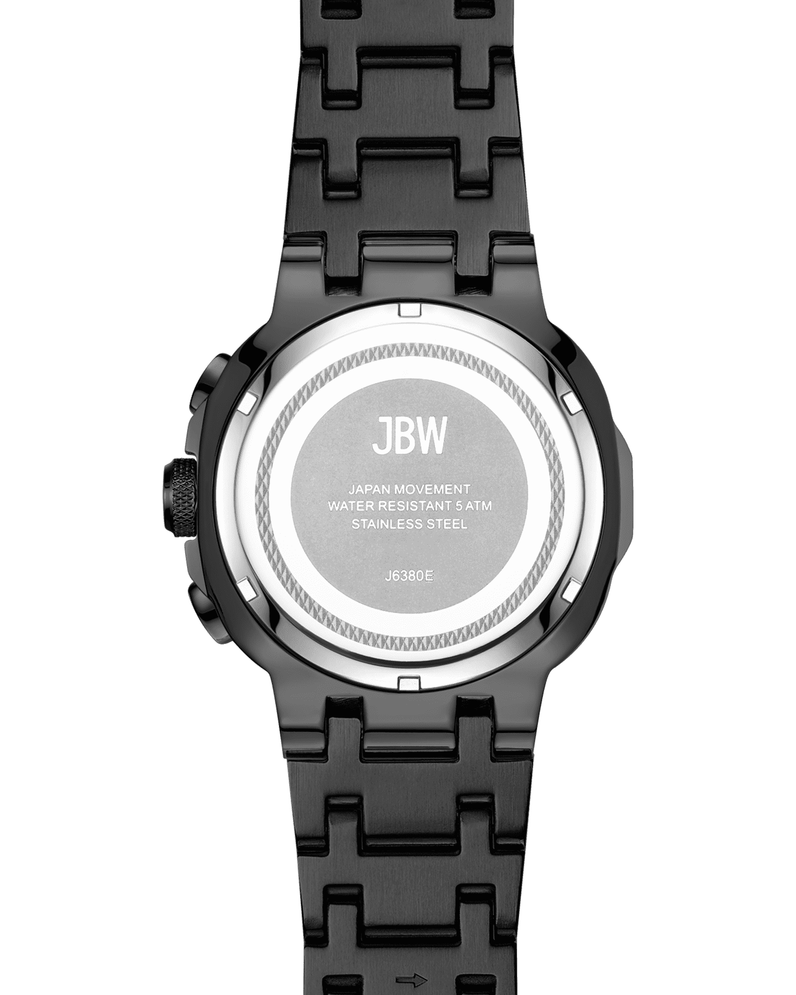 The Heist | J6380E by JBW Watches features a black diamond watch with “JBW” engraved at the back, labeled Japan Movement, Water Resistant 5 ATM, Stainless Steel. Comes with a stainless steel bracelet and a metal link band.