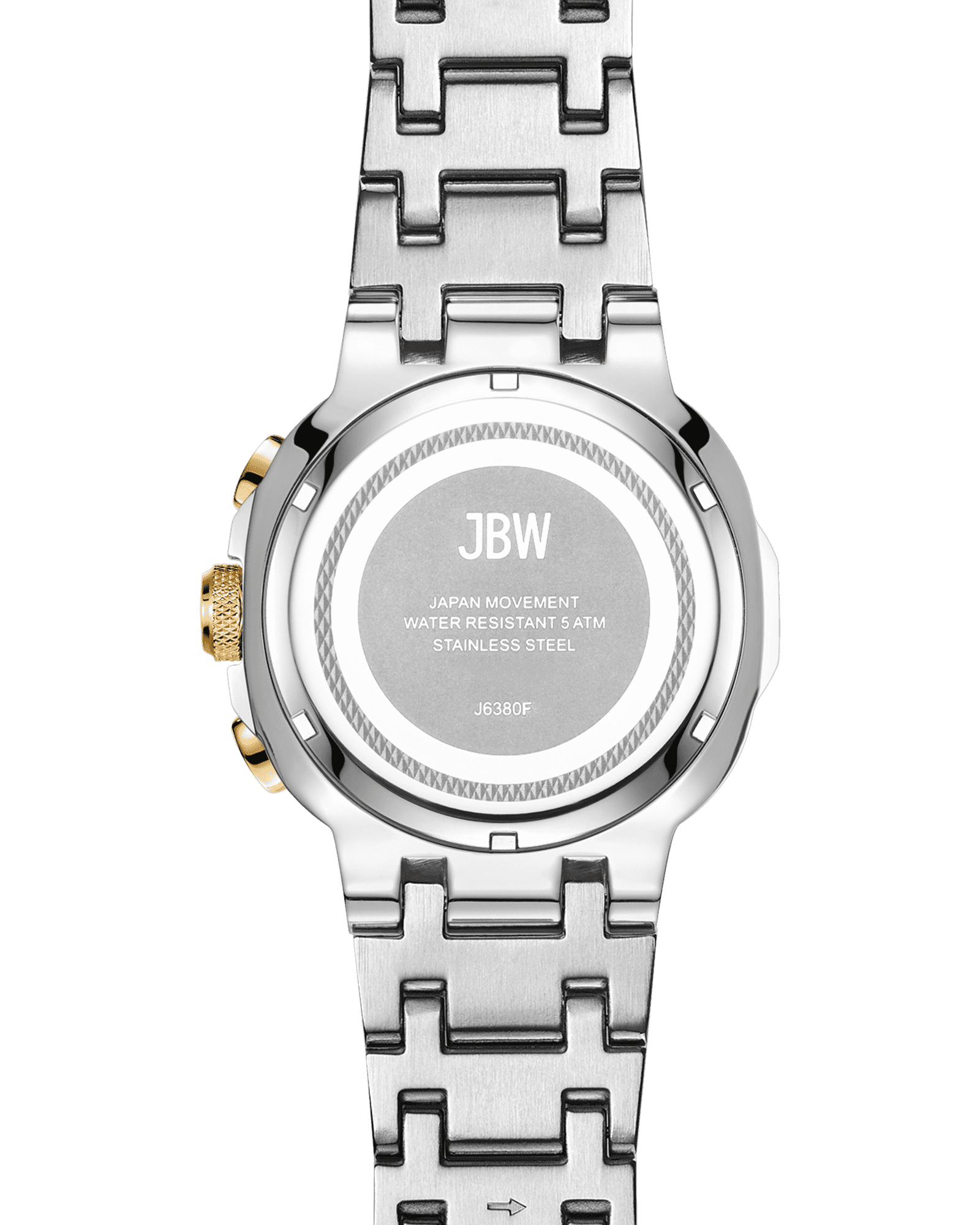 Back view of the JBW Watches Heist | J6380F silver wristwatch shows a geometric link band, gold-plated stainless steel crown and buttons, multifunctional movement, and engraved details on brand, water resistance, movement origin, and material.