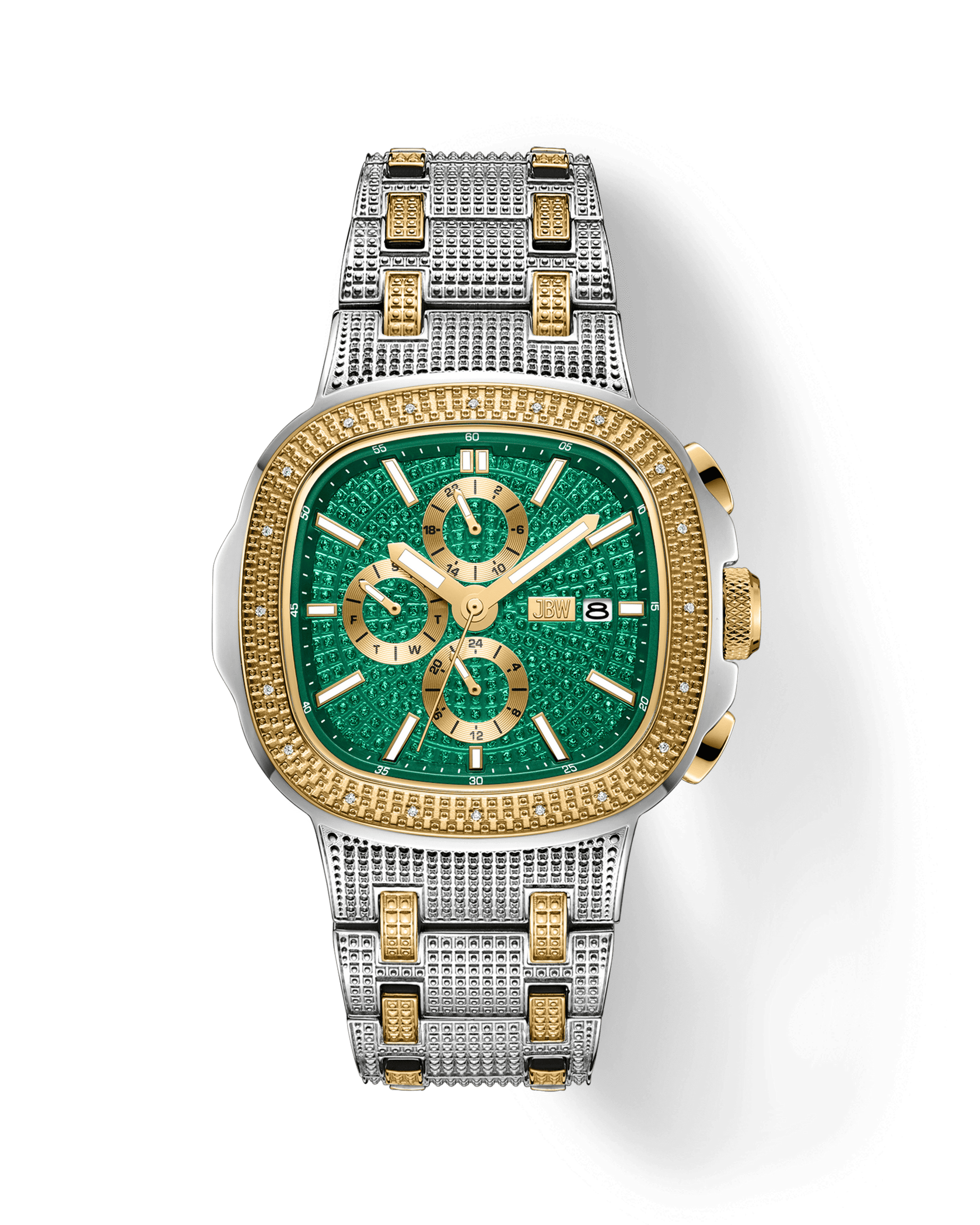 The JBW Watches Heist | J6380F is a luxurious wristwatch with a green face, gold chronograph dials, and gold-plated stainless steel. Its band has gold and silver links, complemented by a gold bezel and crowns on a white background.