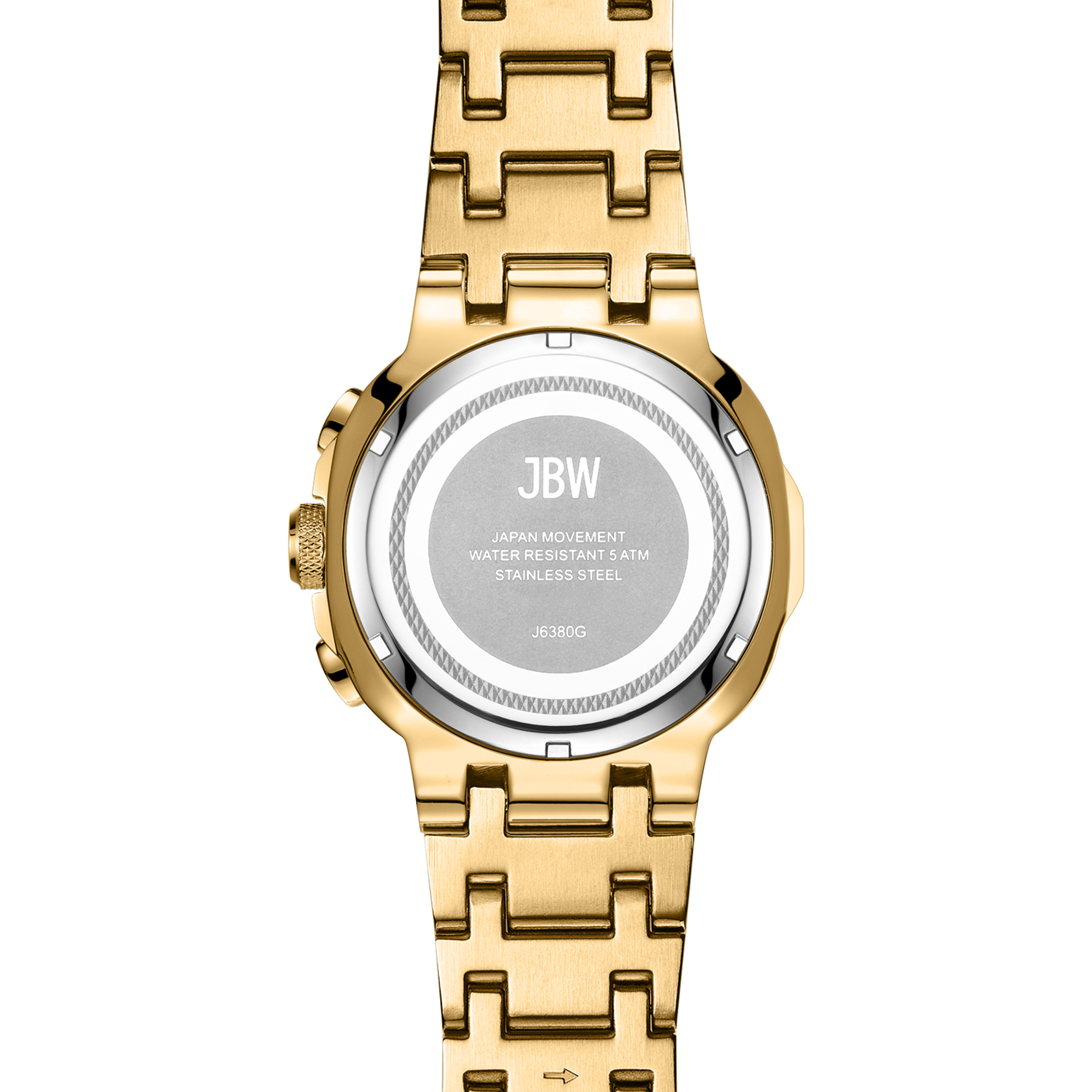 Close-up of the back of the JBW Watches Heist | J6380G, an 18K gold-plated stainless steel watch with engraved water resistance, Japanese movement, and stainless steel details. Features a diamond-embellished dial.