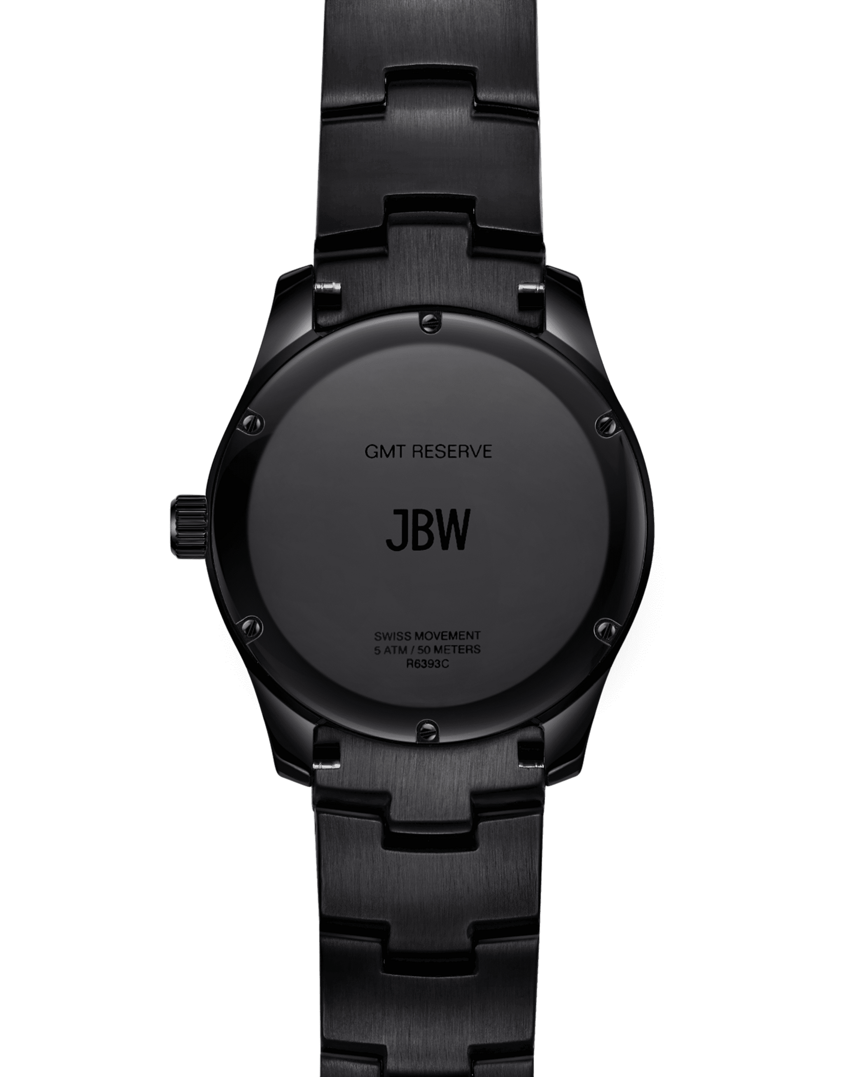 Back view of the JBW Watches RESERVE Jet Setter GMT Emerald | R6393C, featuring Swiss GMT movement and engraved specifications on the matte case, finished with a sleek black metal link bracelet.