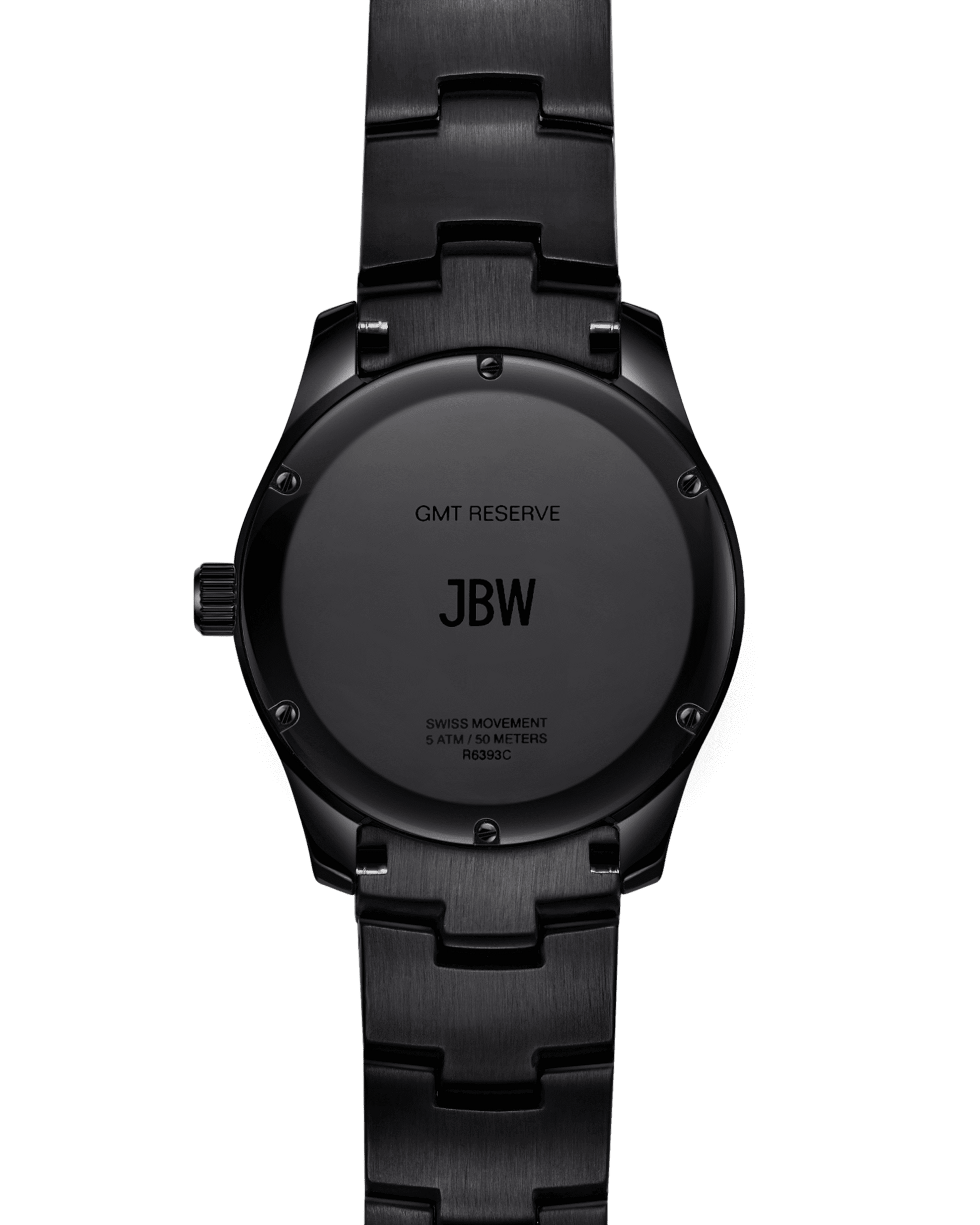 Back view of the JBW Watches RESERVE Jet Setter GMT Emerald | R6393C, featuring Swiss GMT movement and engraved specifications on the matte case, finished with a sleek black metal link bracelet.