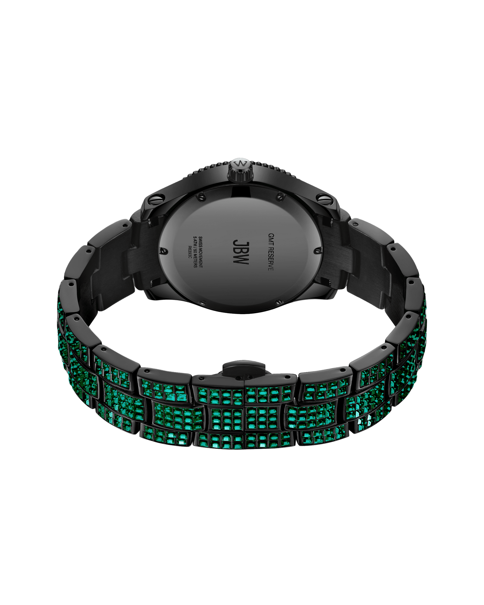 A RESERVE Jet Setter GMT Emerald (R6393C) wristwatch by JBW Watches, in black with a metal band adorned with rows of green gemstones, is shown caseback-up against a plain white background. Swiss GMT movement offers precision.