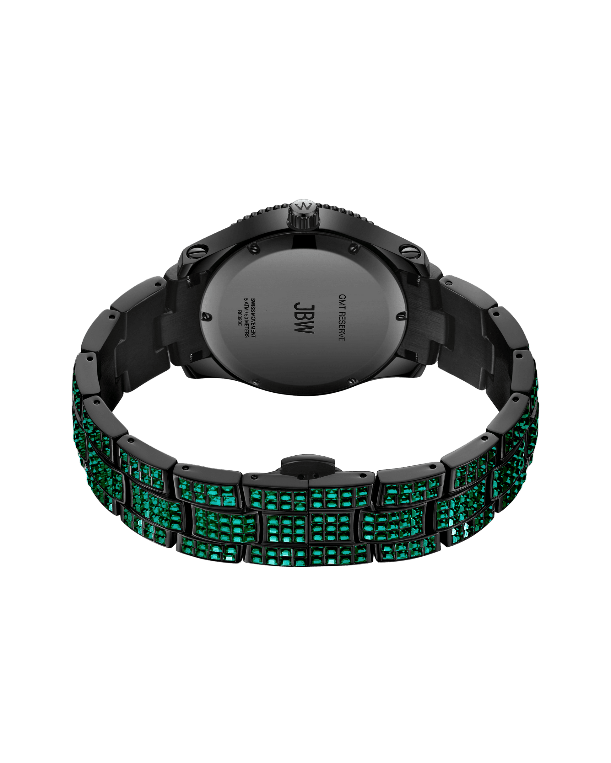 A RESERVE Jet Setter GMT Emerald (R6393C) wristwatch by JBW Watches, in black with a metal band adorned with rows of green gemstones, is shown caseback-up against a plain white background. Swiss GMT movement offers precision.