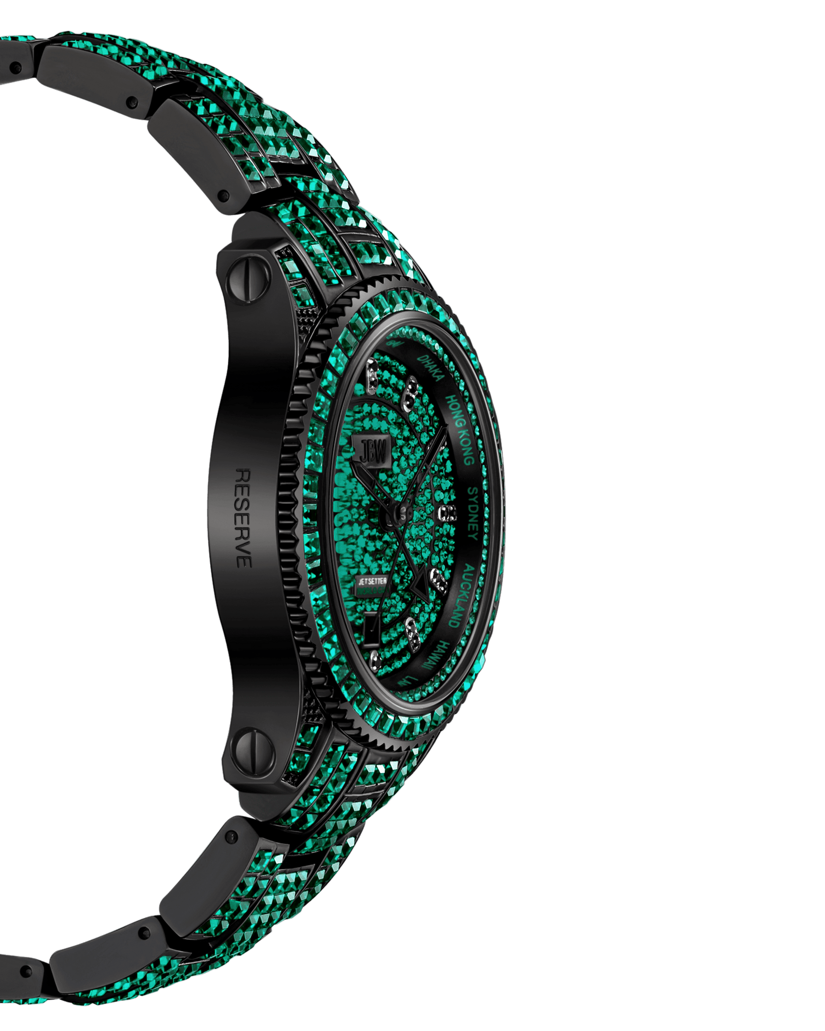 The RESERVE Jet Setter GMT Emerald | R6393C by JBW Watches features a black case and band adorned with green gemstones, patterned stones on the face, bezel, and band, RESERVE engraved on the side, and Swiss GMT movement.