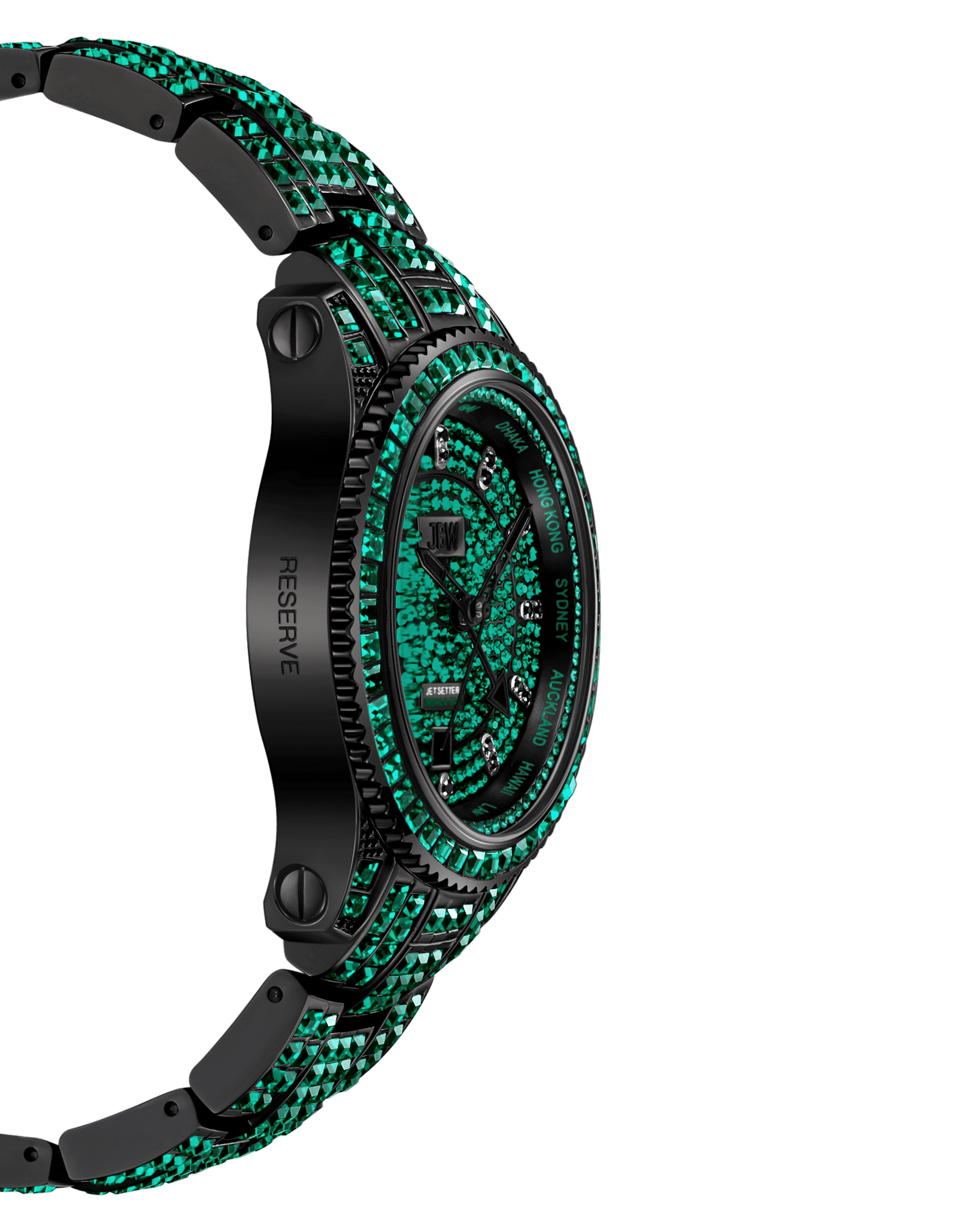 The RESERVE Jet Setter GMT Emerald | R6393C by JBW Watches features a black case and band adorned with green gemstones, patterned stones on the face, bezel, and band, RESERVE engraved on the side, and Swiss GMT movement.