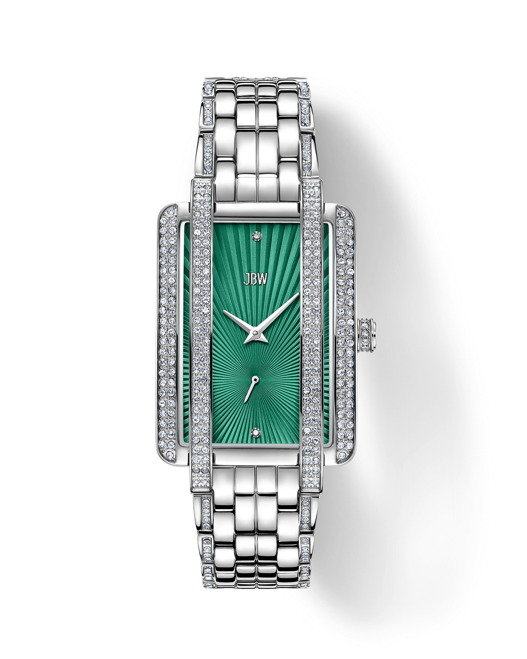 The JBW Mink | J6358A is a rectangular silver diamond watch with a green textured face, crystal-embellished case and bezel, silver hour and minute hands, stainless steel bracelet, and the brand name JBW on the dial.