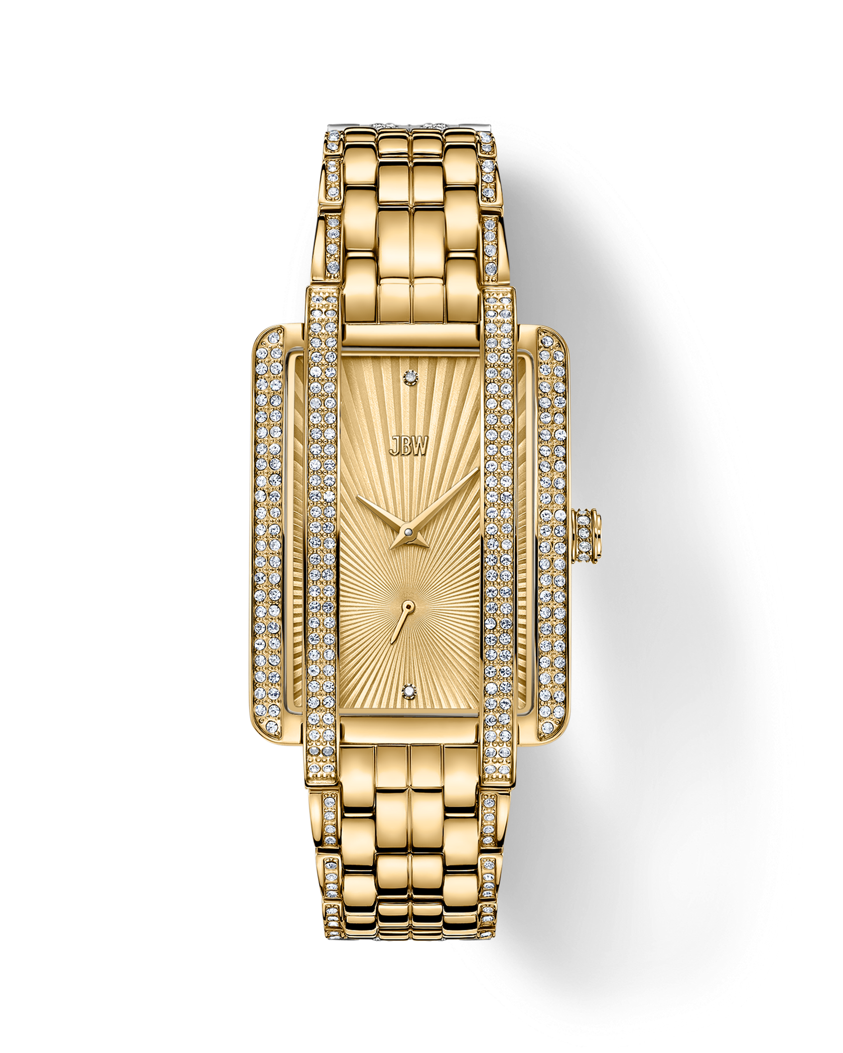 The JBW Mink | J6358B is a luxurious gold-plated watch featuring a rectangular case, sunburst dial with diamond hour markers, double rows of diamonds on the bezel and bracelet, and an elegant metal link band.