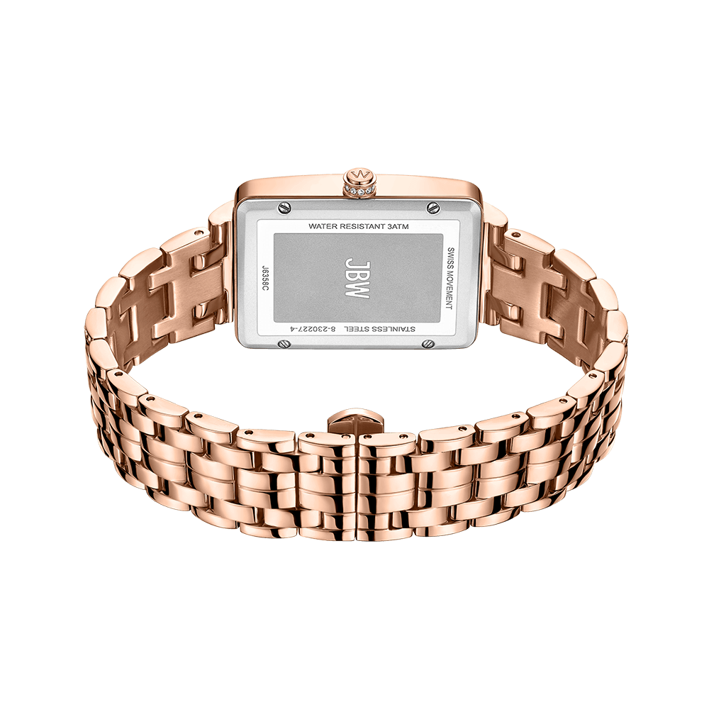The JBW Mink | J6358C, a rose gold watch with a rectangular silver case, is displayed from the back to show its linked bracelet and the engraved details on its case back.