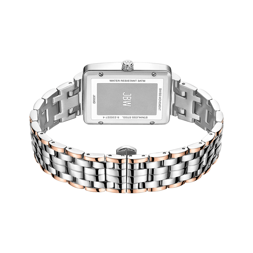 The JBW Mink | J6358D wristwatch is displayed from the back, highlighting its silver and rose gold-plated rectangular case with engraved details and a metal link bracelet.