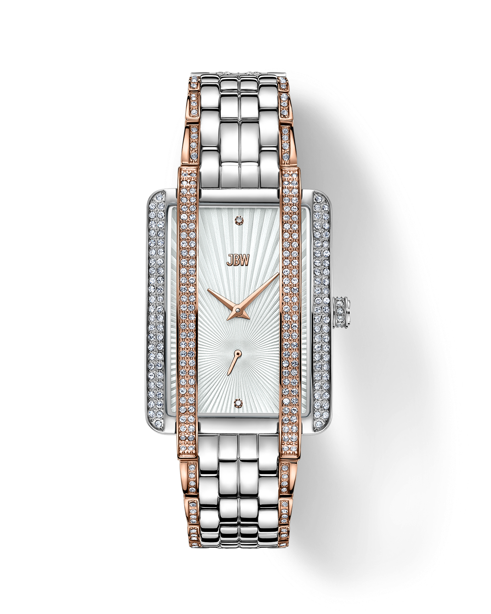 The JBW Mink | J6358D is a rectangular diamond watch in silver and rose gold tones with a crystal-studded bezel and band, white sunburst dial, gold hands, diamond hour markers, all on a crisp white background.