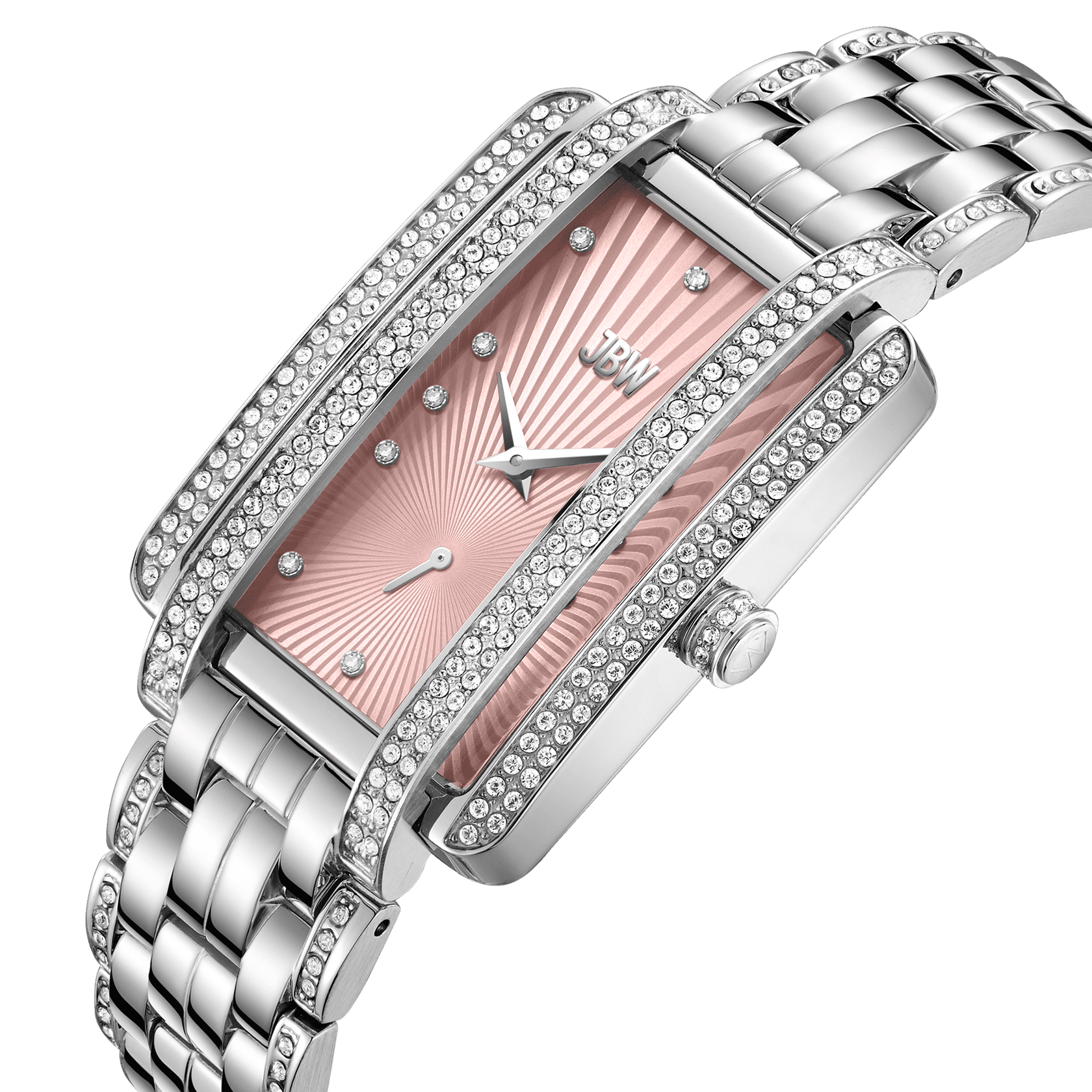 The JBW Mink | J6358H is a luxury rectangular watch with a pink sunburst dial, silver hour markers, two hands, and a stainless steel bracelet. Sparkling white crystals encrust the bezel and sides for extra elegance.