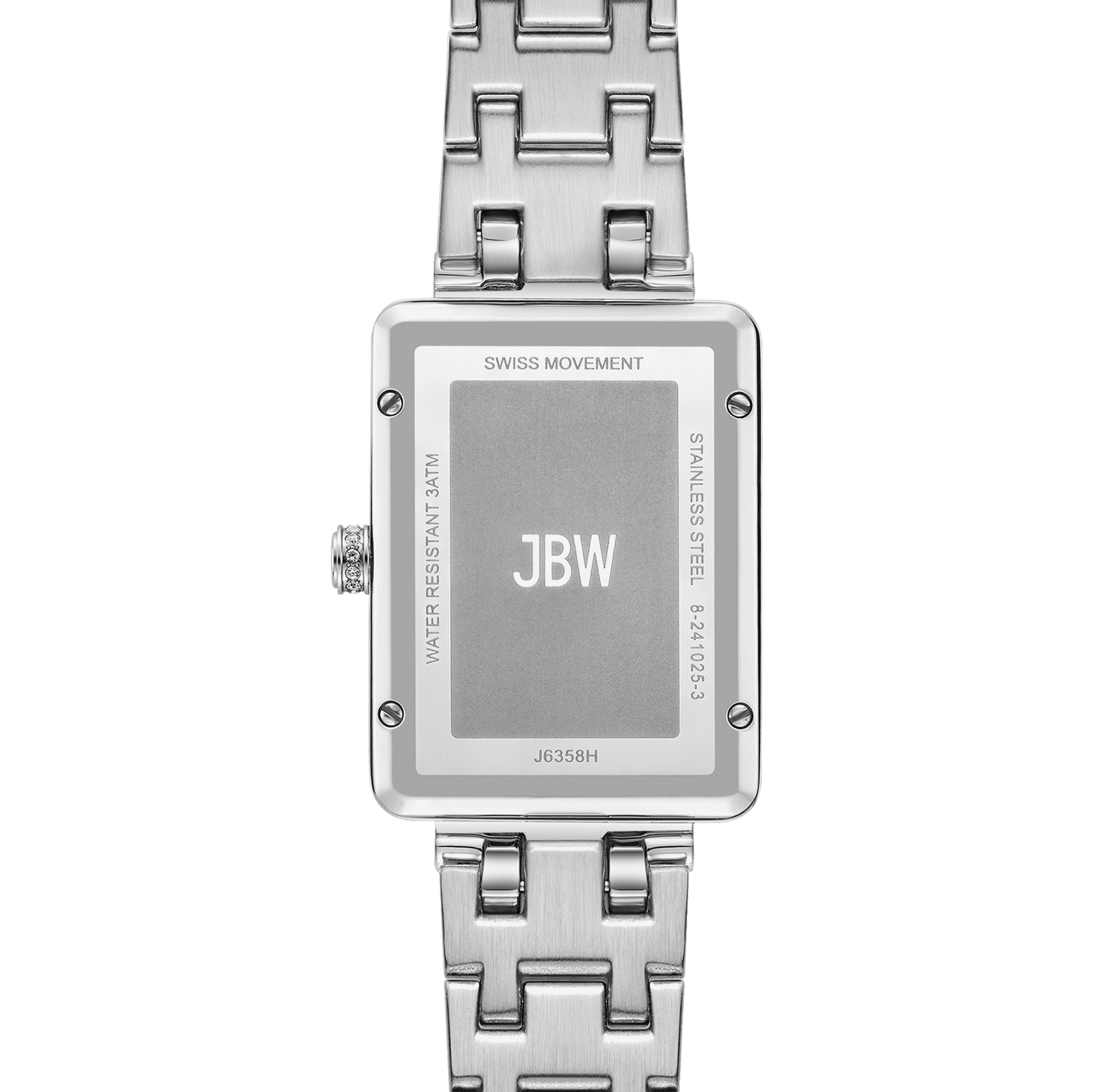 Back view of the JBW Mink | J6358H rectangular watch featuring a stainless steel bracelet. The caseback shows JBW, Swiss Movement, Water Resistant, and model number J6358H.